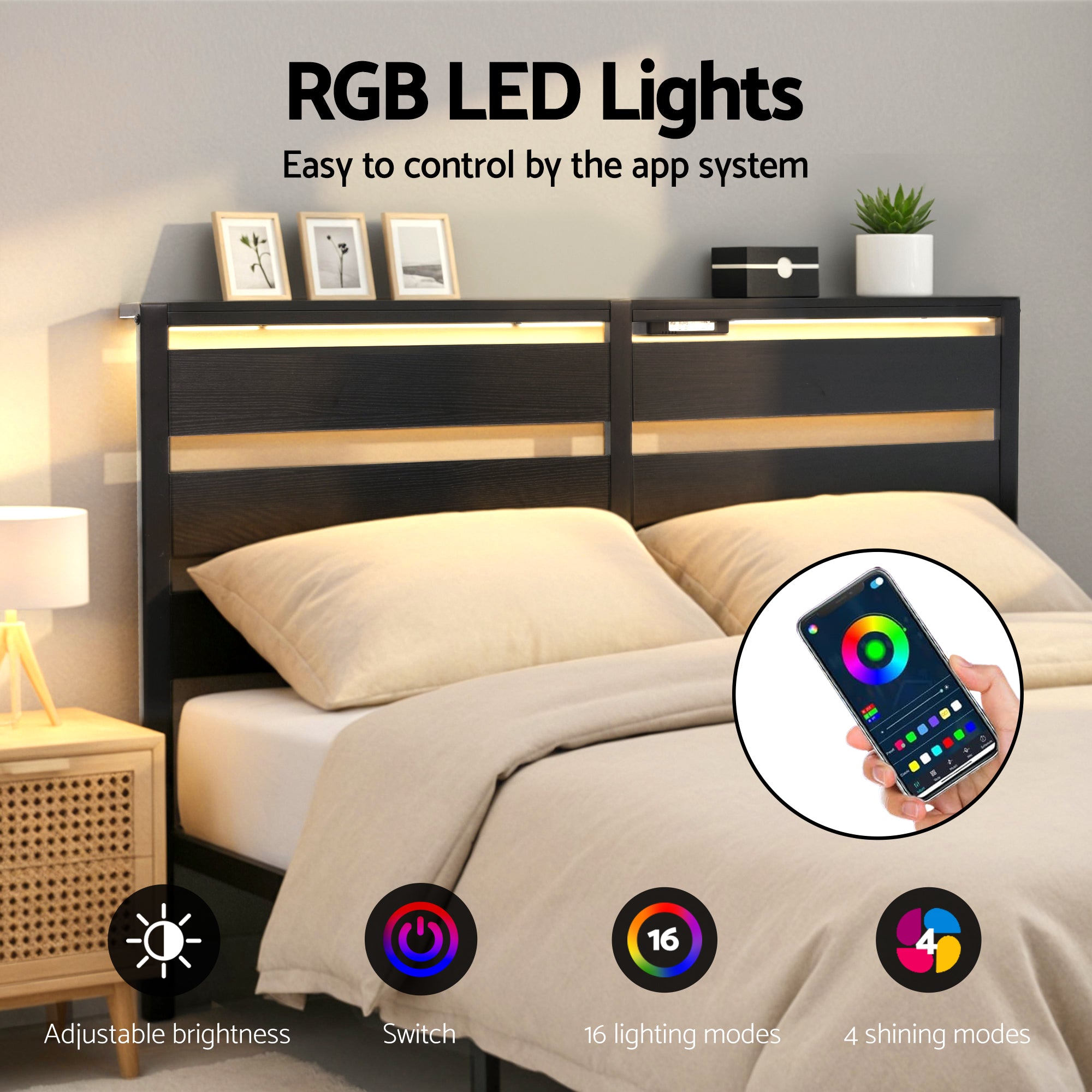 Portland Double Metal LED Bed Frame with Charging Station - Black