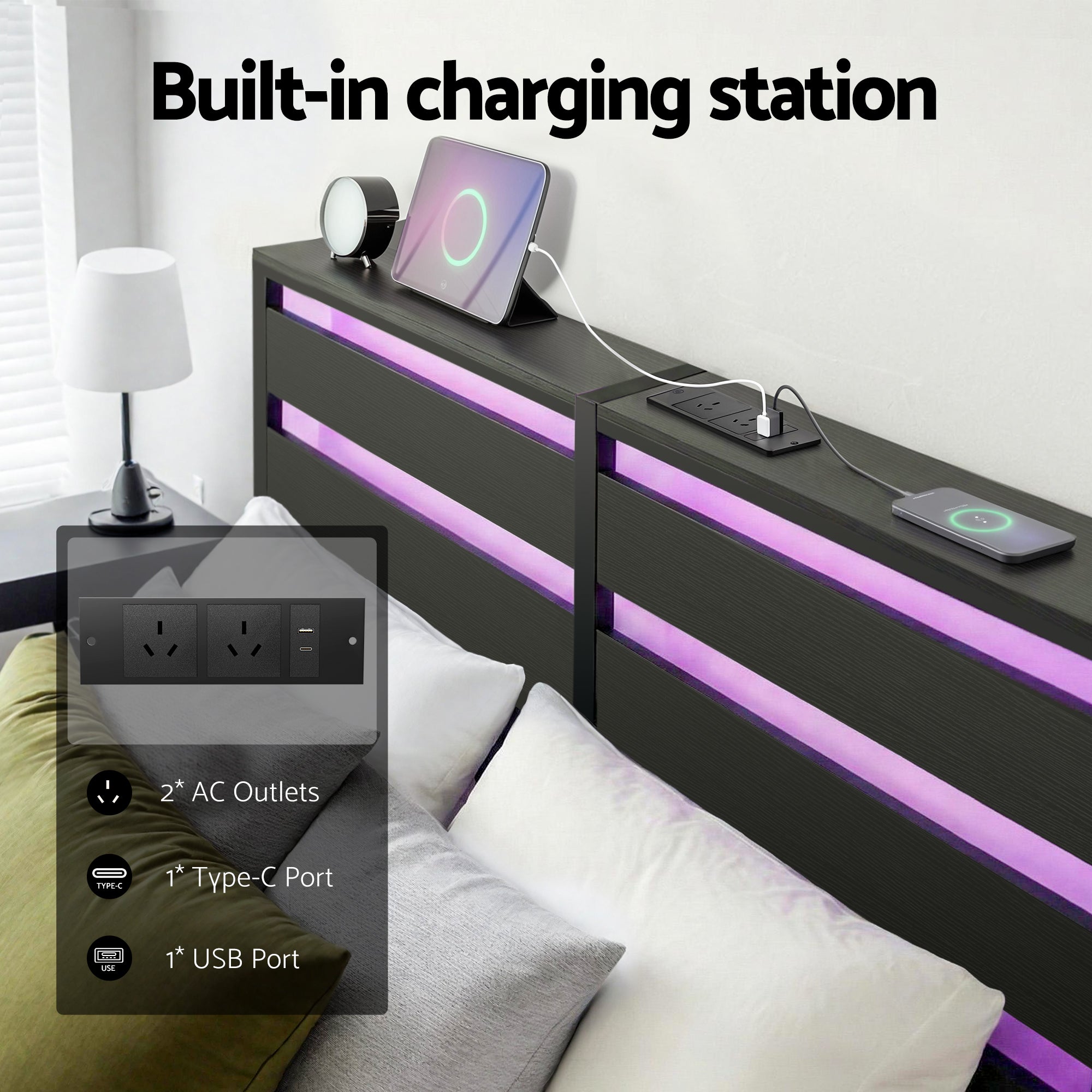 Portland Double Metal LED Bed Frame with Charging Station - Black
