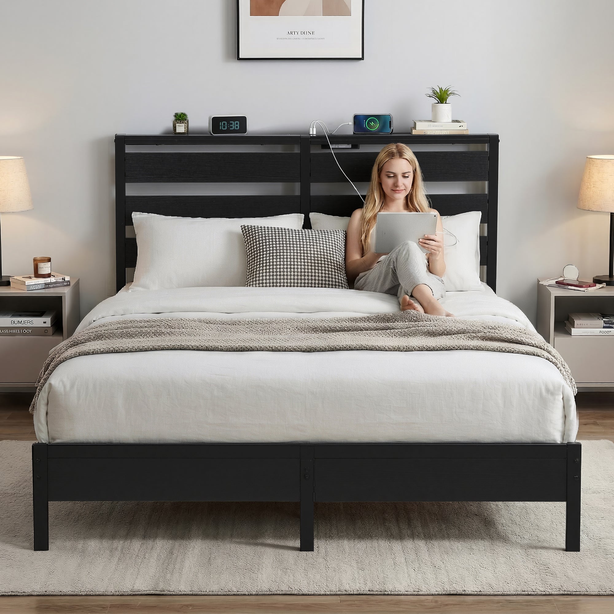 Portland Double Metal LED Bed Frame with Charging Station - Black