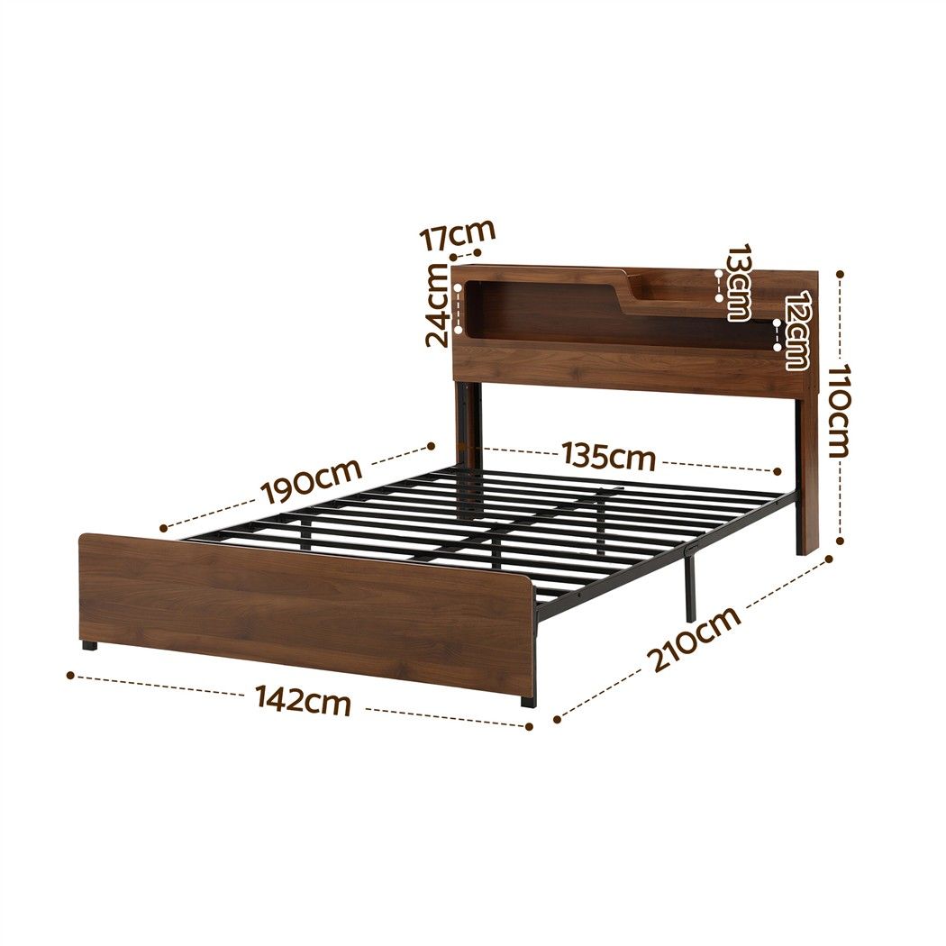 Double Bed Frame Metal with Charging Station LED Light Storage Shelf