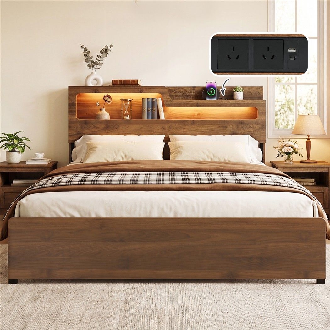 King Bed Frame Metal with Charging Station LED Light Storage Shelf