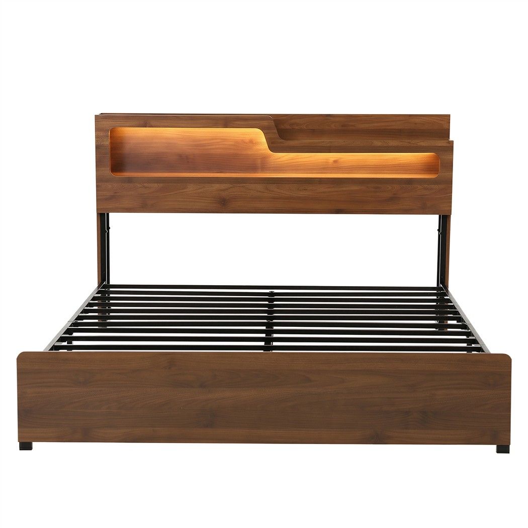 King Bed Frame Metal with Charging Station LED Light Storage Shelf