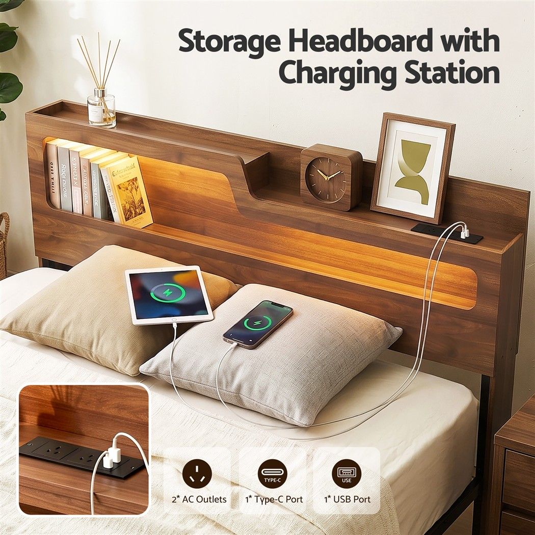 Queen Bed Frame Metal with Charging Station LED Light Storage Shelf