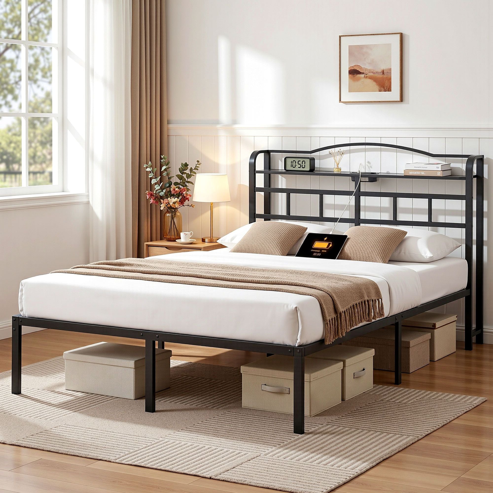 Double Bed Frame with Charging Station and Storage WAVE - Black