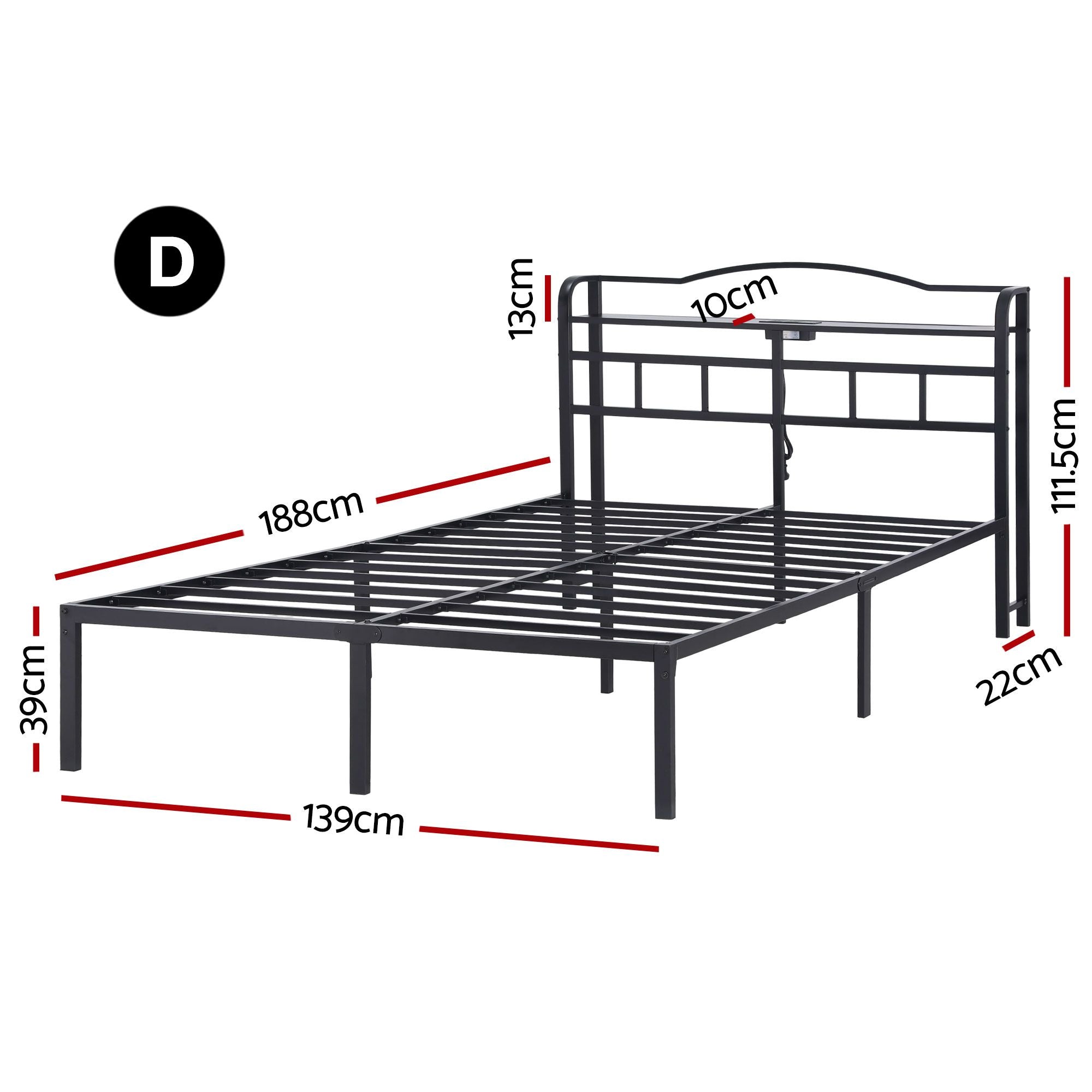 Double Bed Frame with Charging Station and Storage WAVE - Black