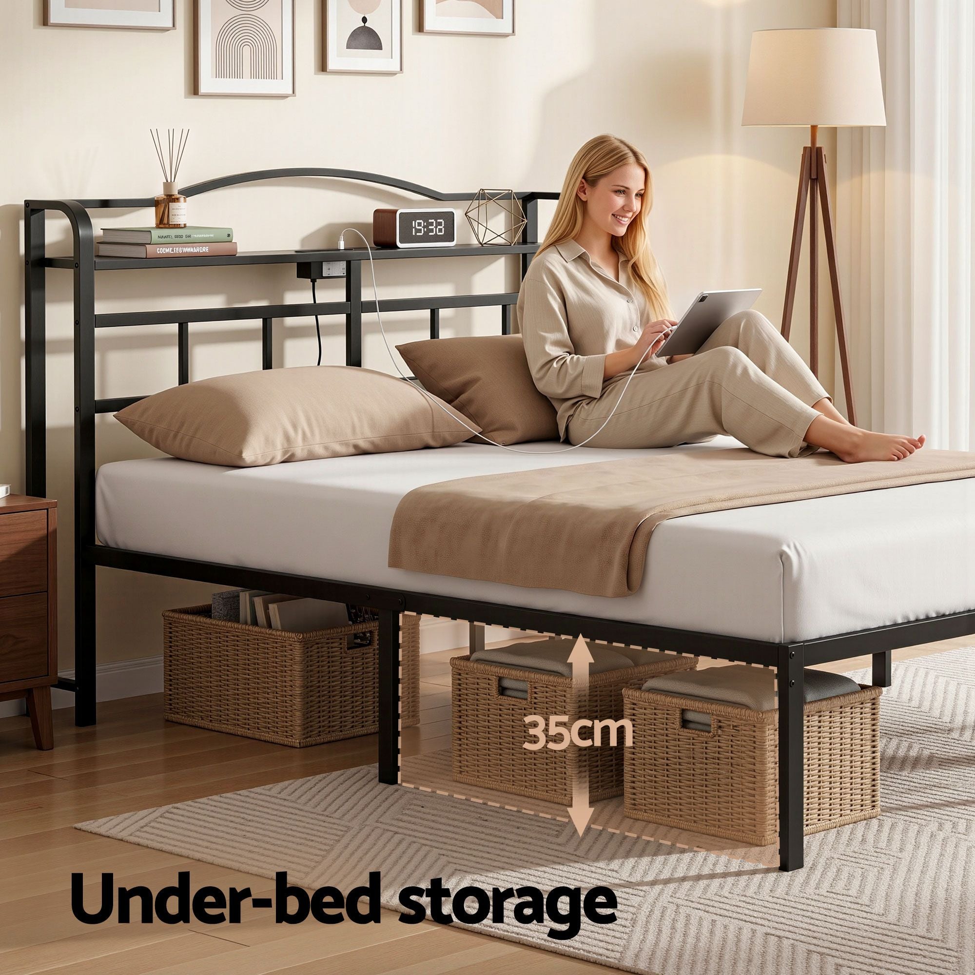 Double Bed Frame with Charging Station and Storage WAVE - Black