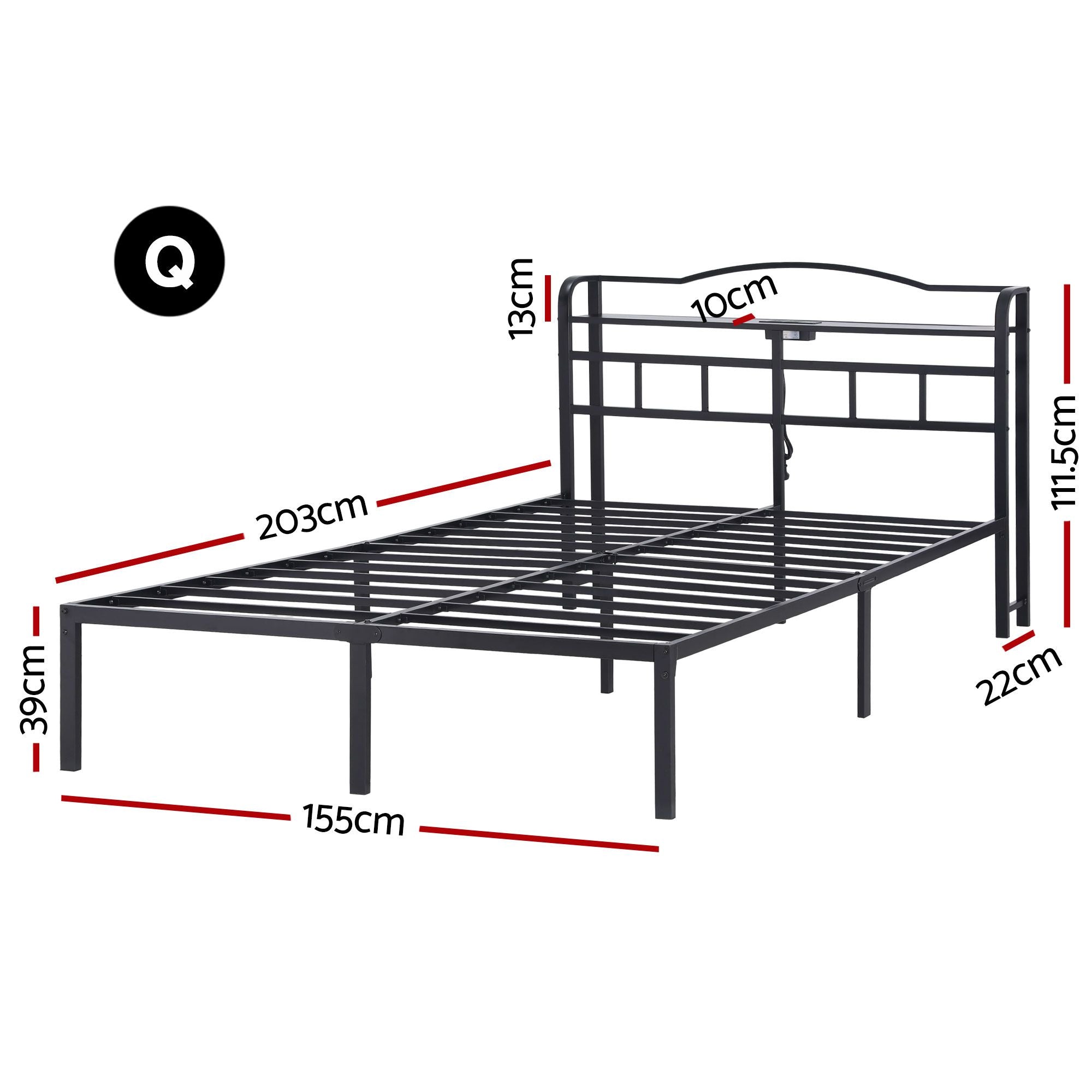Queen Size Bed Frame with Charging Station and Storage - Black