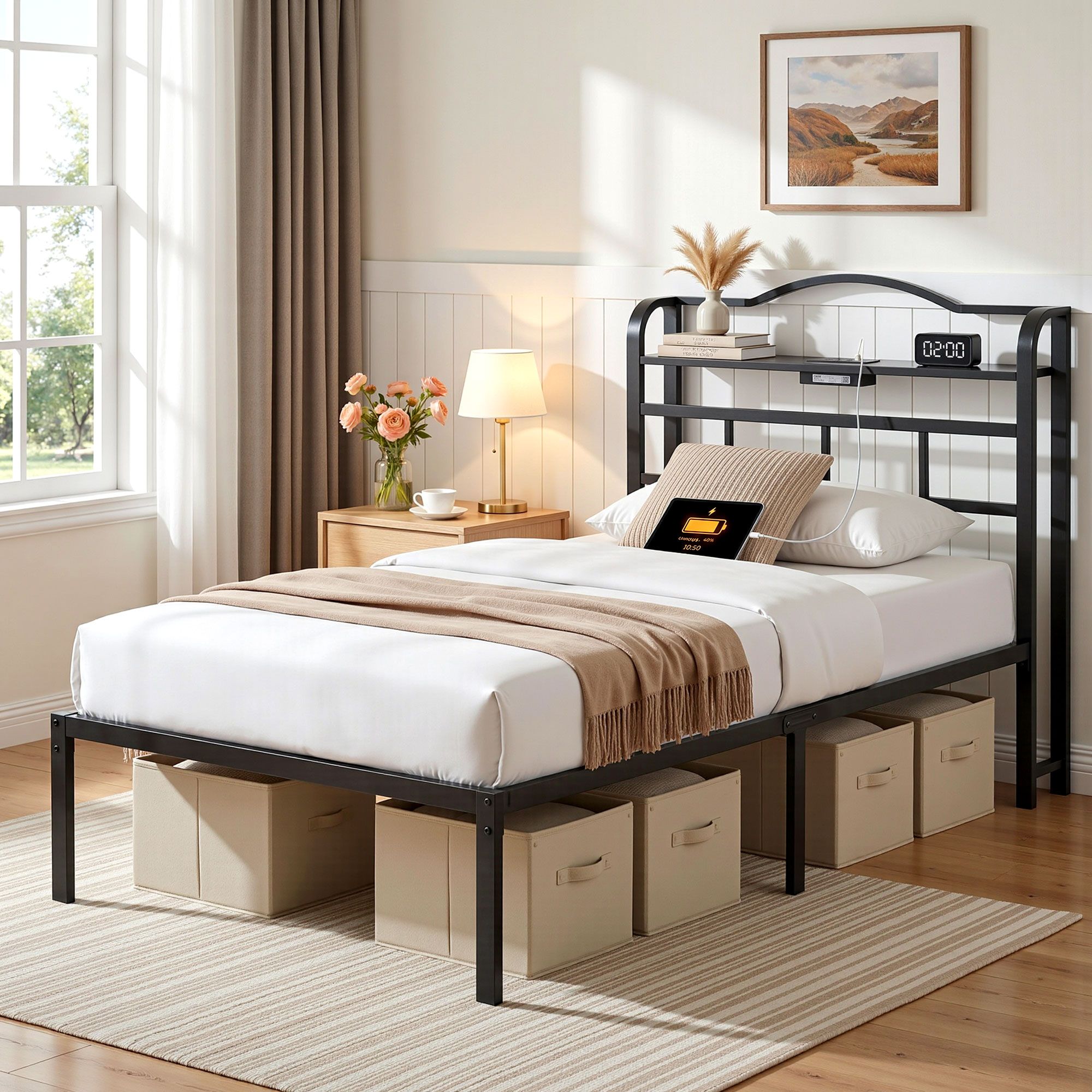 Single Size Bed Frame with Charging Station and Storage - Black