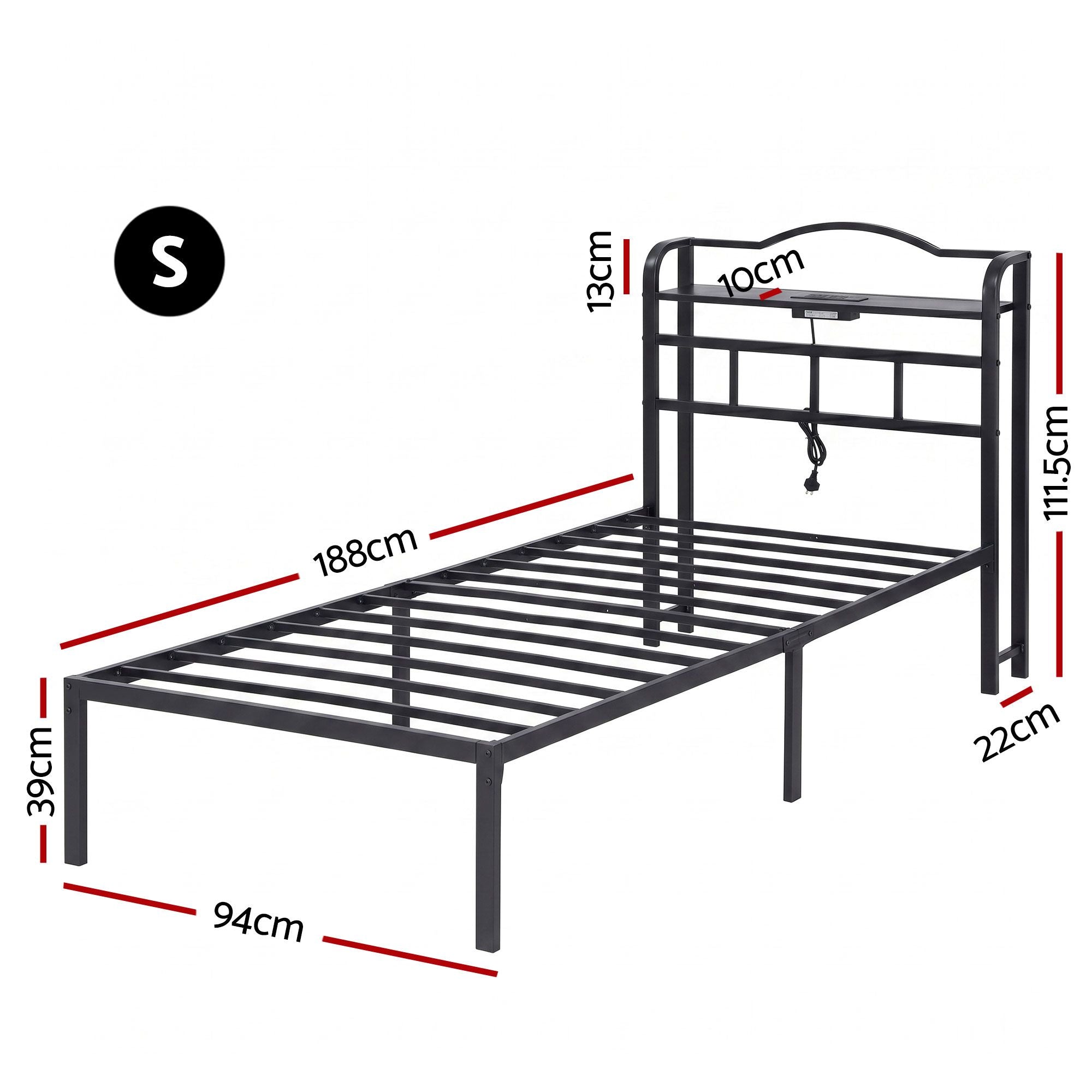 Single Size Bed Frame with Charging Station and Storage - Black