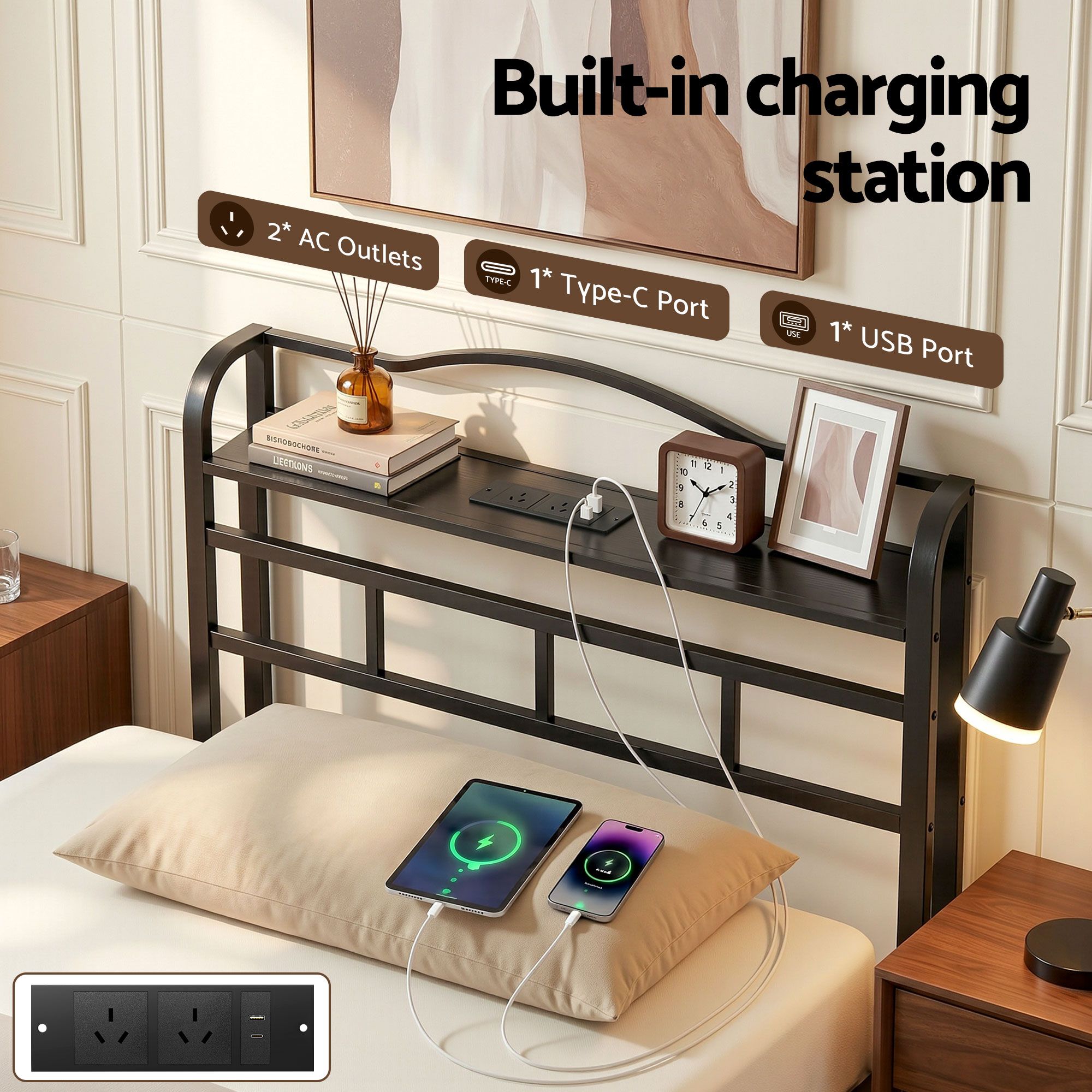 Single Size Bed Frame with Charging Station and Storage - Black