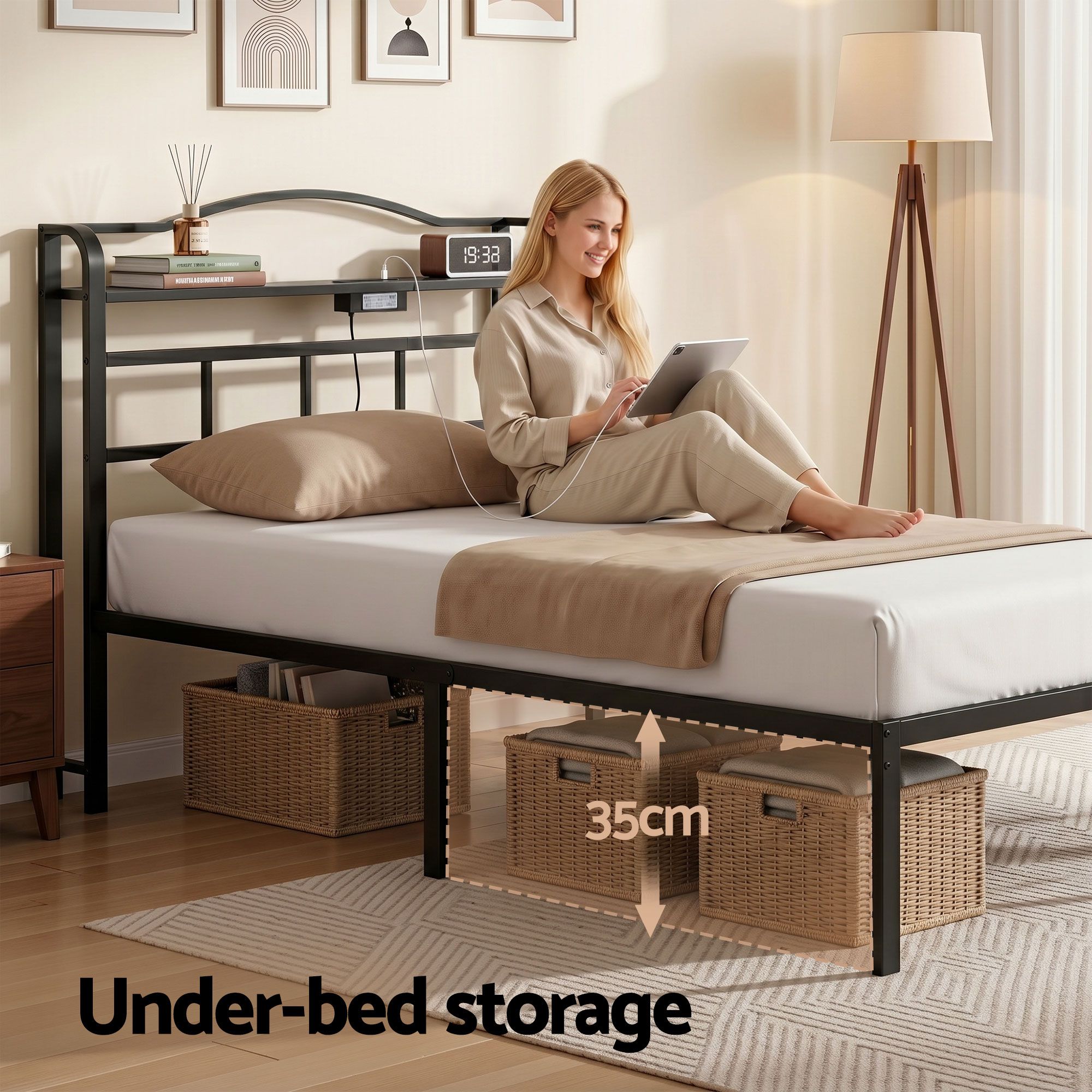 Single Size Bed Frame with Charging Station and Storage - Black