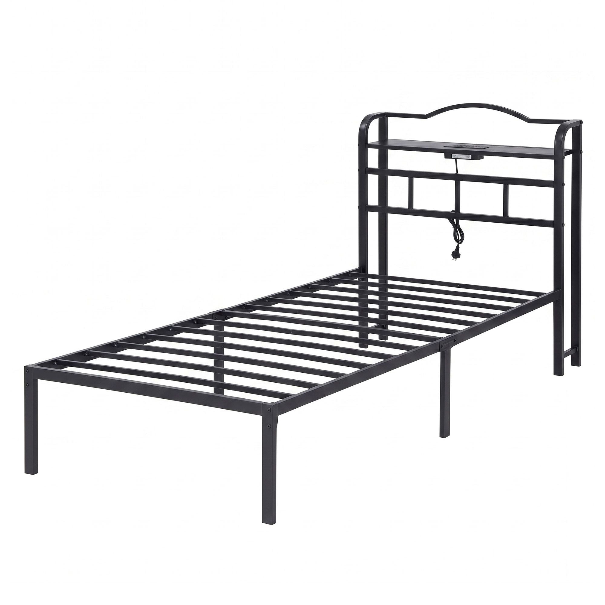 Single Size Bed Frame with Charging Station and Storage - Black