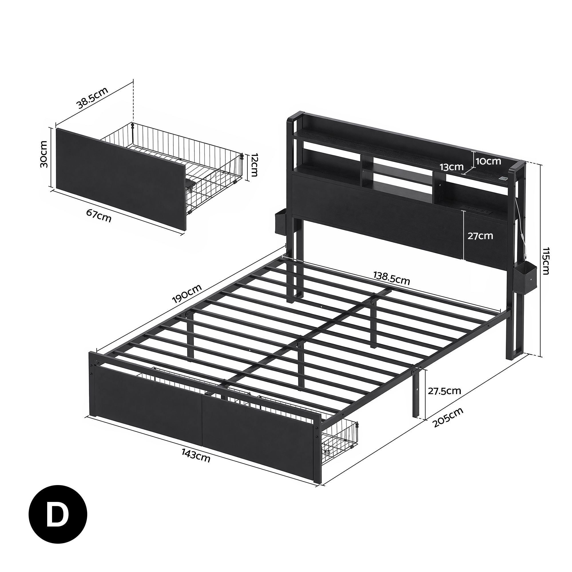 Bed Frame Double with Charging Station Storage Organiser Drawers LED