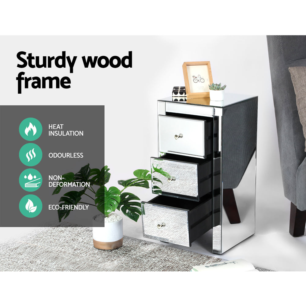 Mirrored Bedside table Drawers Furniture Mirror Glass Quenn Silver