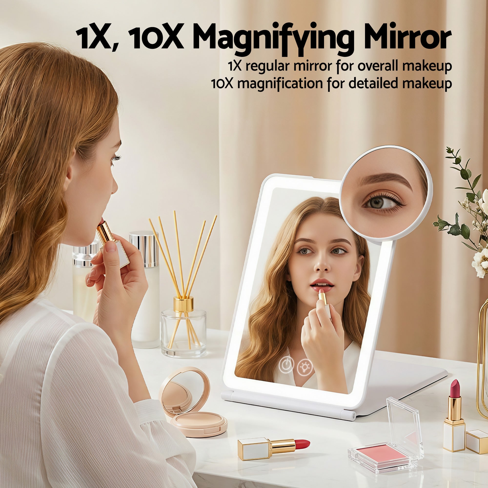 Portable Travel Makeup Mirror Rechargeable Makeup Mirror with Lights 10x Magnifier White