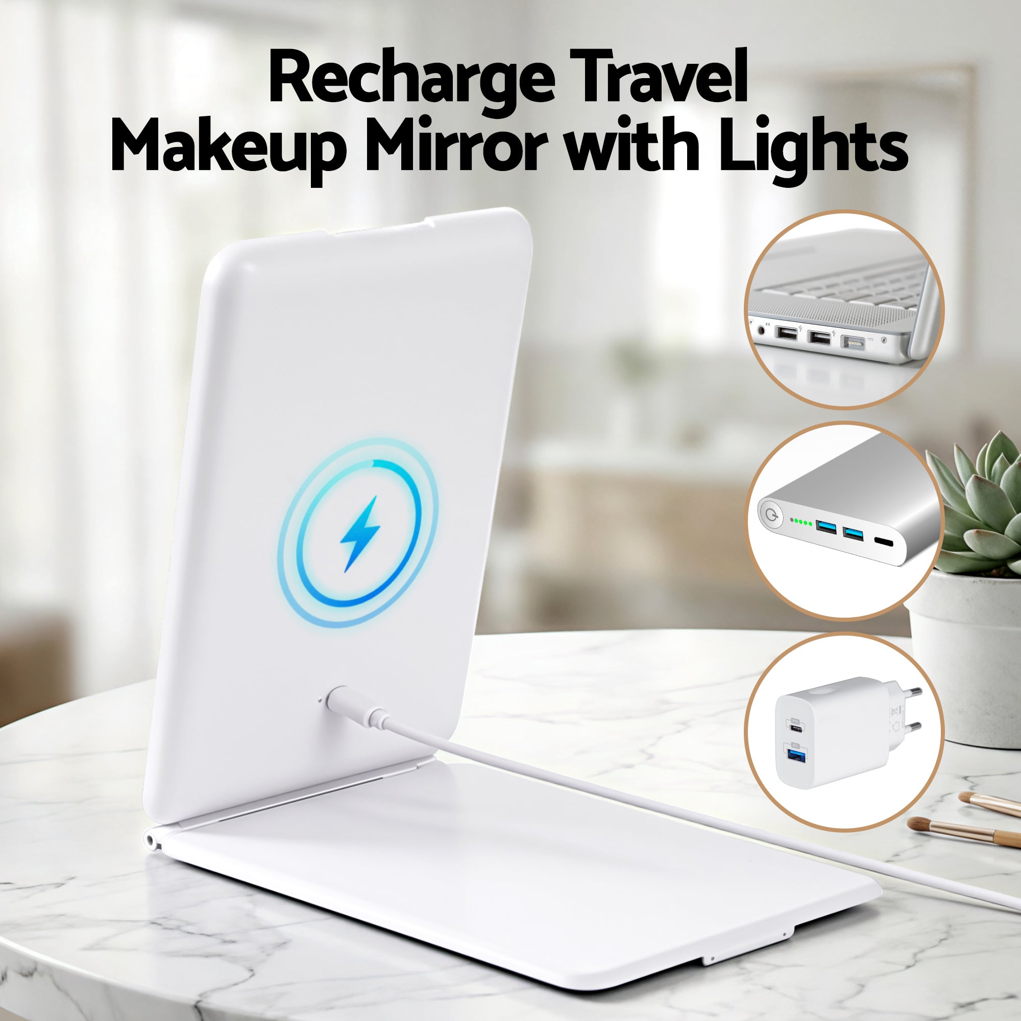 Portable Travel Makeup Mirror Rechargeable Makeup Mirror with Lights 10x Magnifier White