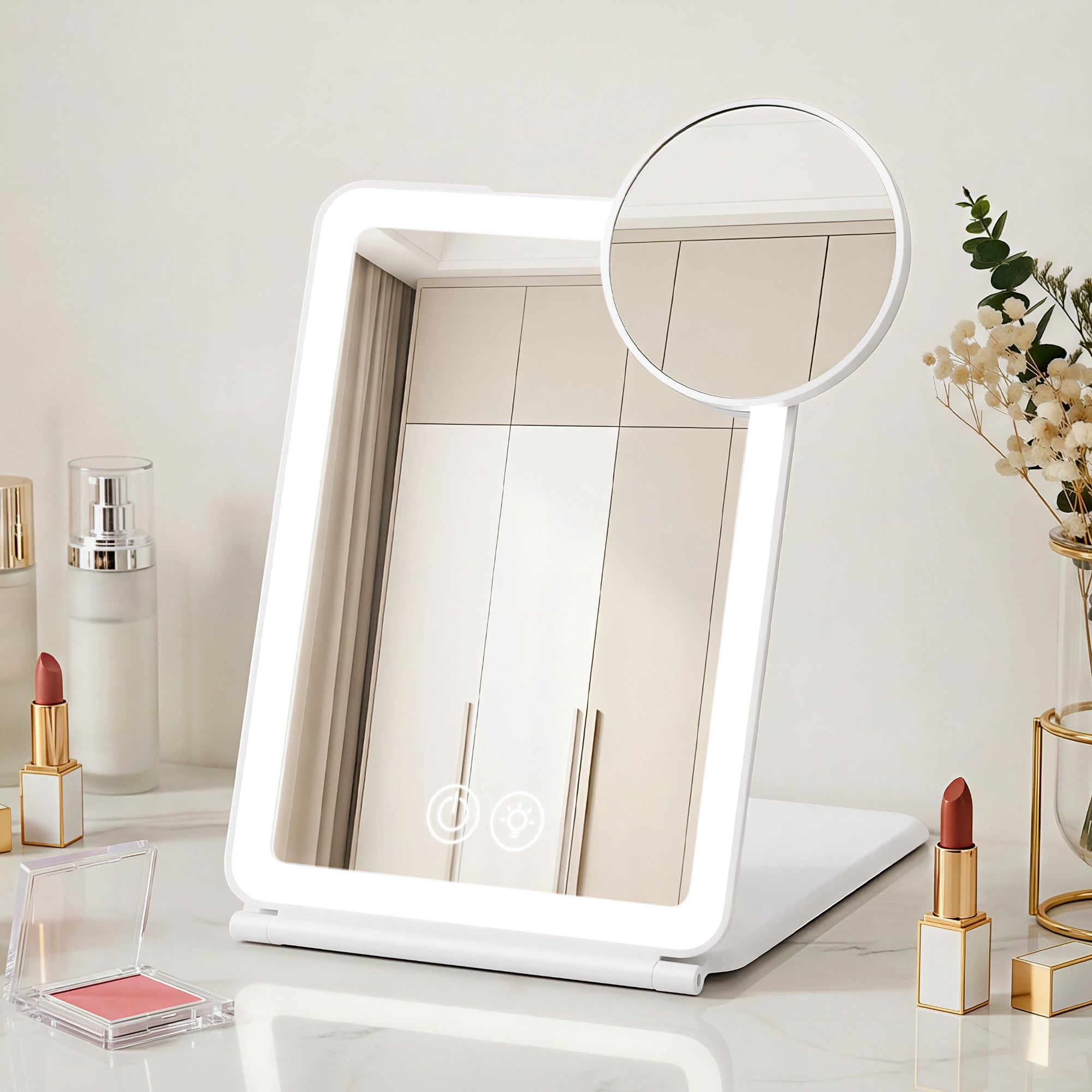 Portable Travel Makeup Mirror Rechargeable Makeup Mirror with Lights 10x Magnifier White