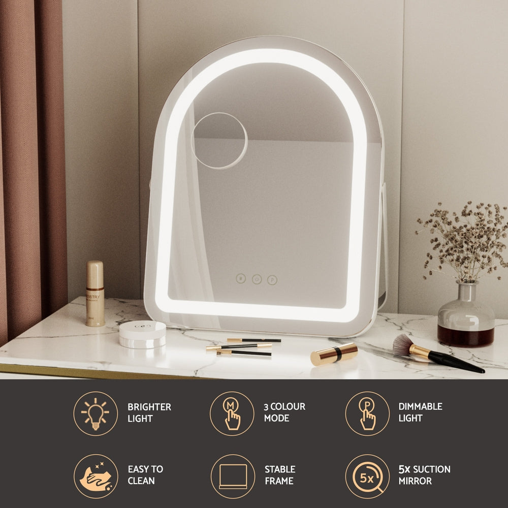 Makeup Mirror 35x45cm Dressing Vanity LED Stripe Light with 5x Magnification Rotation White Arch on marble countertop with makeup tools