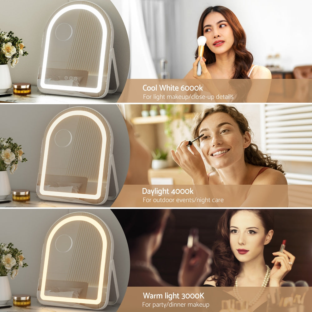 Makeup Mirror 35x45cm Dressing Vanity LED Stripe Light with 5x Magnification Rotation White Arch in three lighting modes displayed