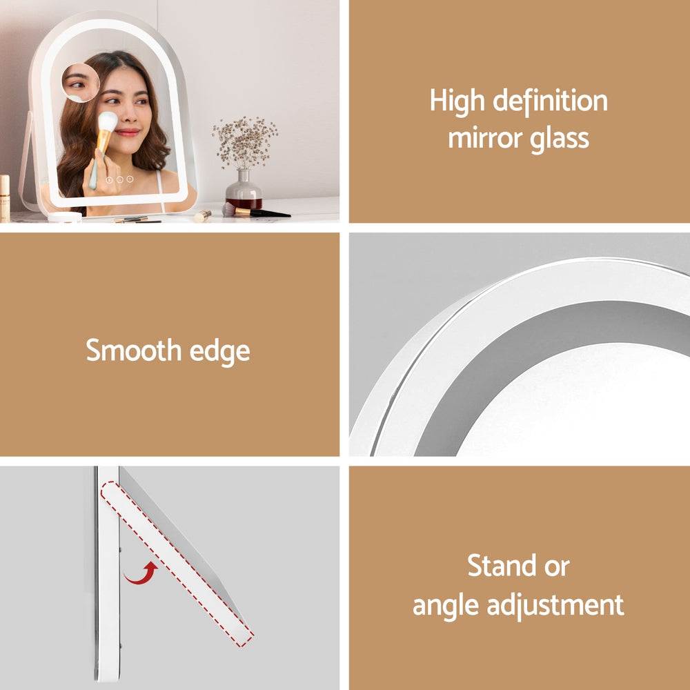 Makeup Mirror 35x45cm Dressing Vanity LED Stripe Light with 5x Magnification Rotation White Arch showing features and smooth edge details