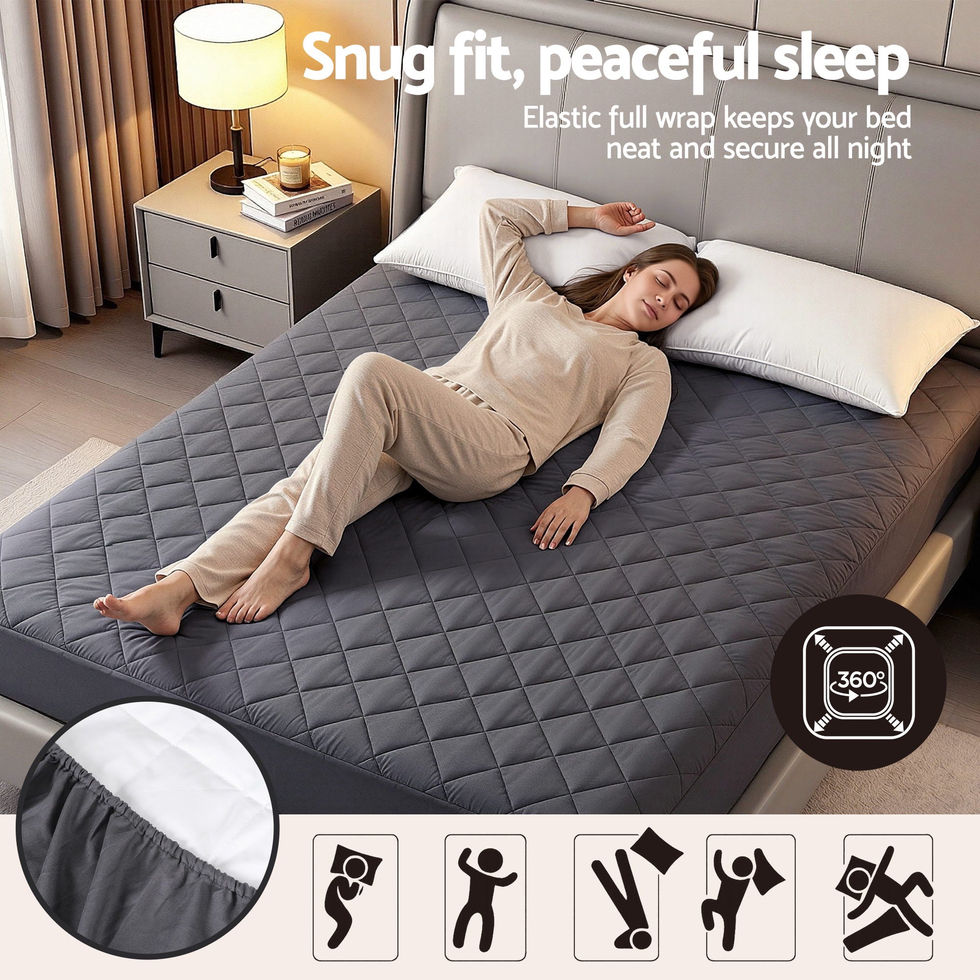 Water-Resistant Mattress Protector Microfiber 360° Fit King on gray bed with elastic full wrap for secure fit and peaceful sleep