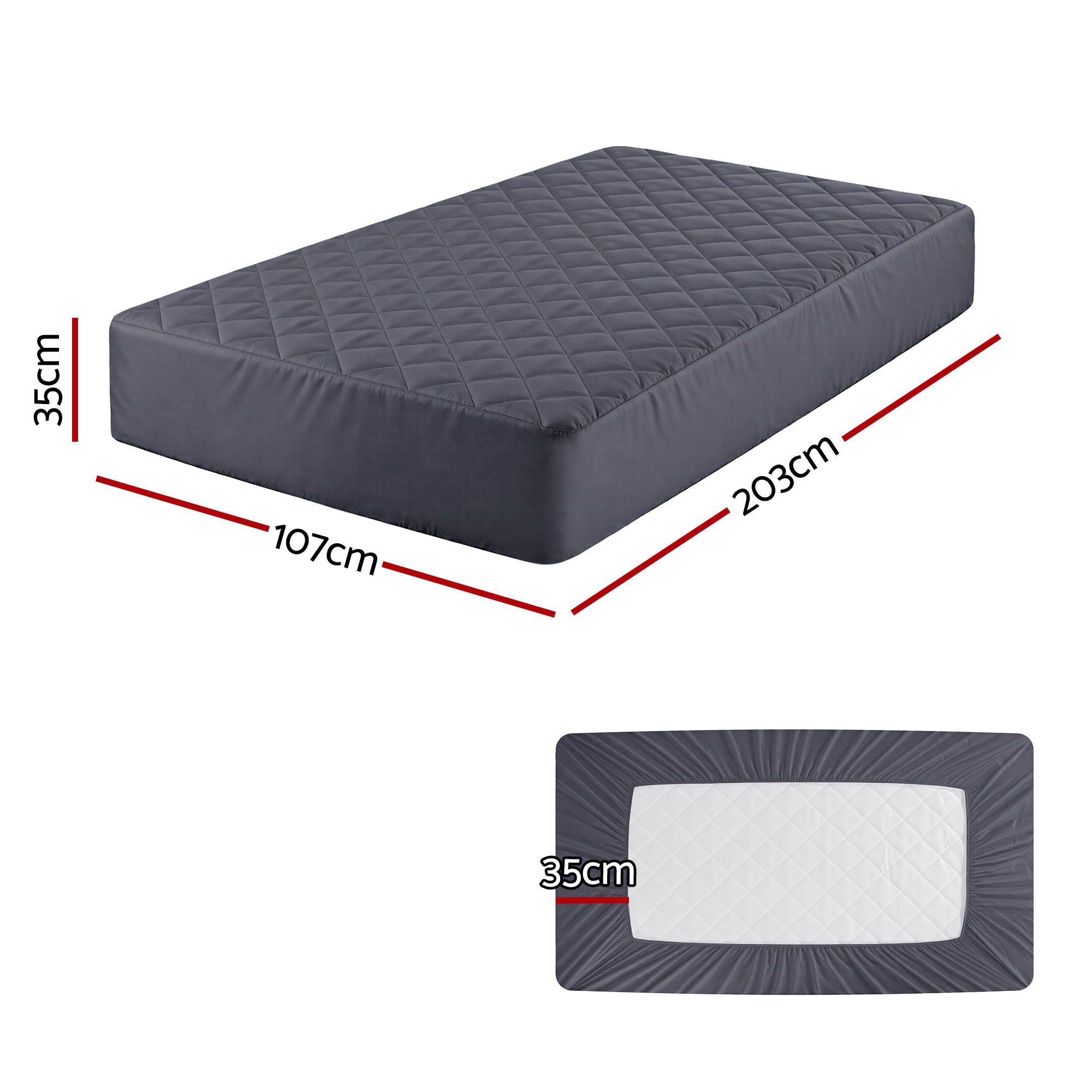 Water-Resistant Mattress Protector Microfiber 360° Fit King Single in dark gray with quilted design and 35cm depth shown with dimensions