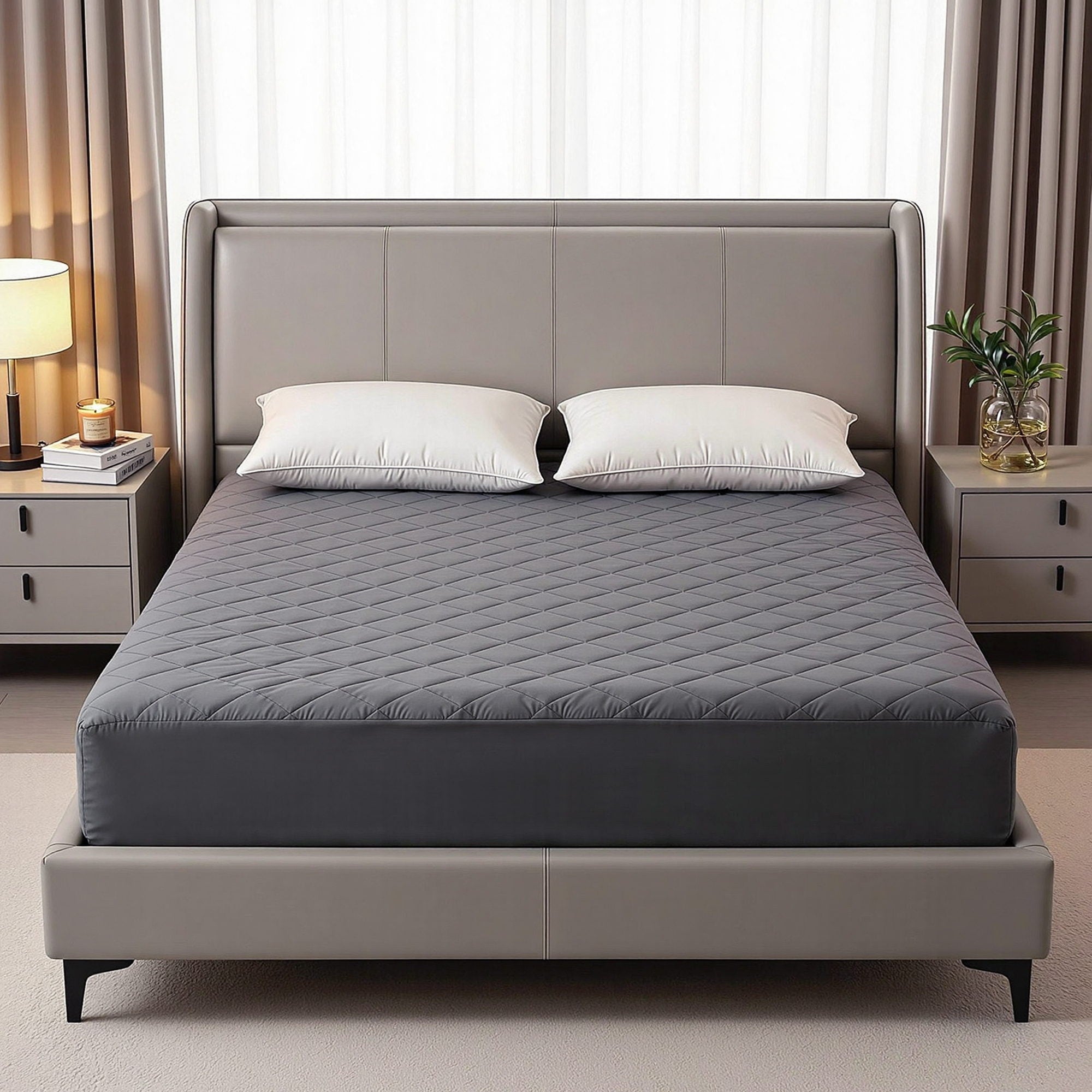 Water-Resistant Mattress Protector Microfiber 360° Fit Queen on bed with gray upholstered headboard and bedside tables