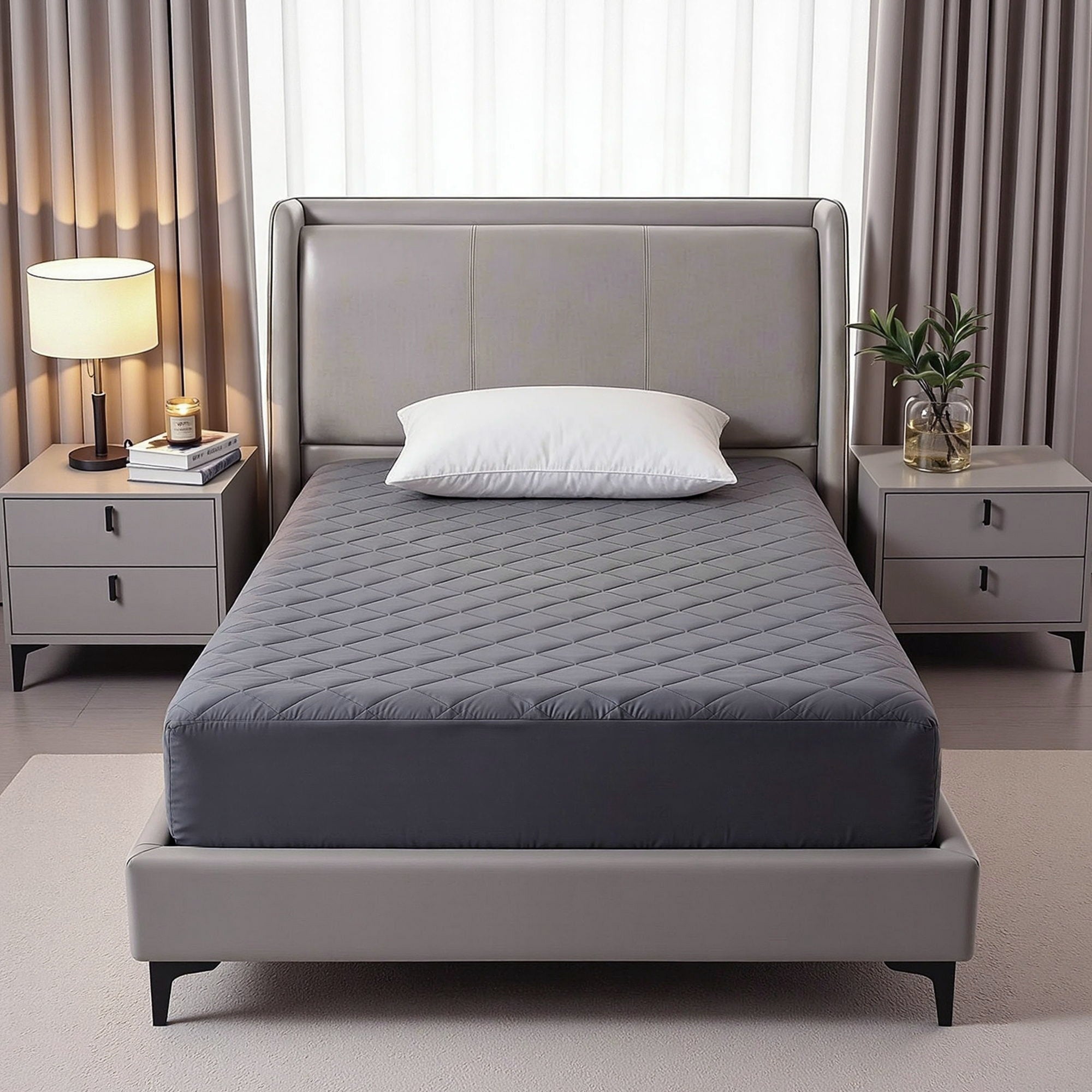 Water-Resistant Mattress Protector Microfiber 35cm 360° Fit Single on bed with gray headboard and bedside tables