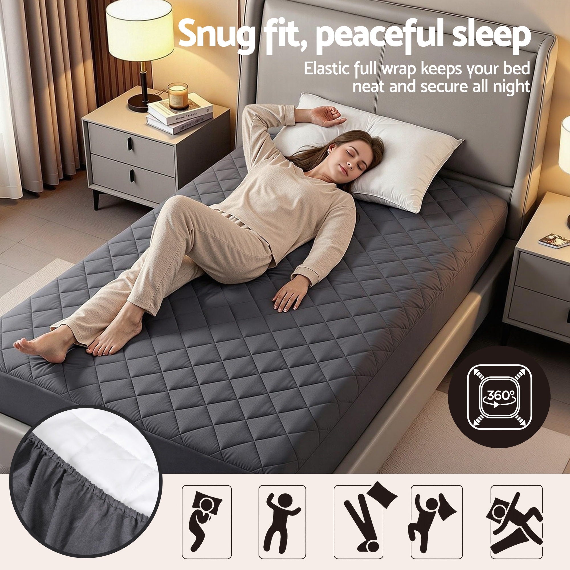 Water-Resistant Mattress Protector Microfiber 35cm 360° Fit Single in gray quilted design on bed with bedside tables.