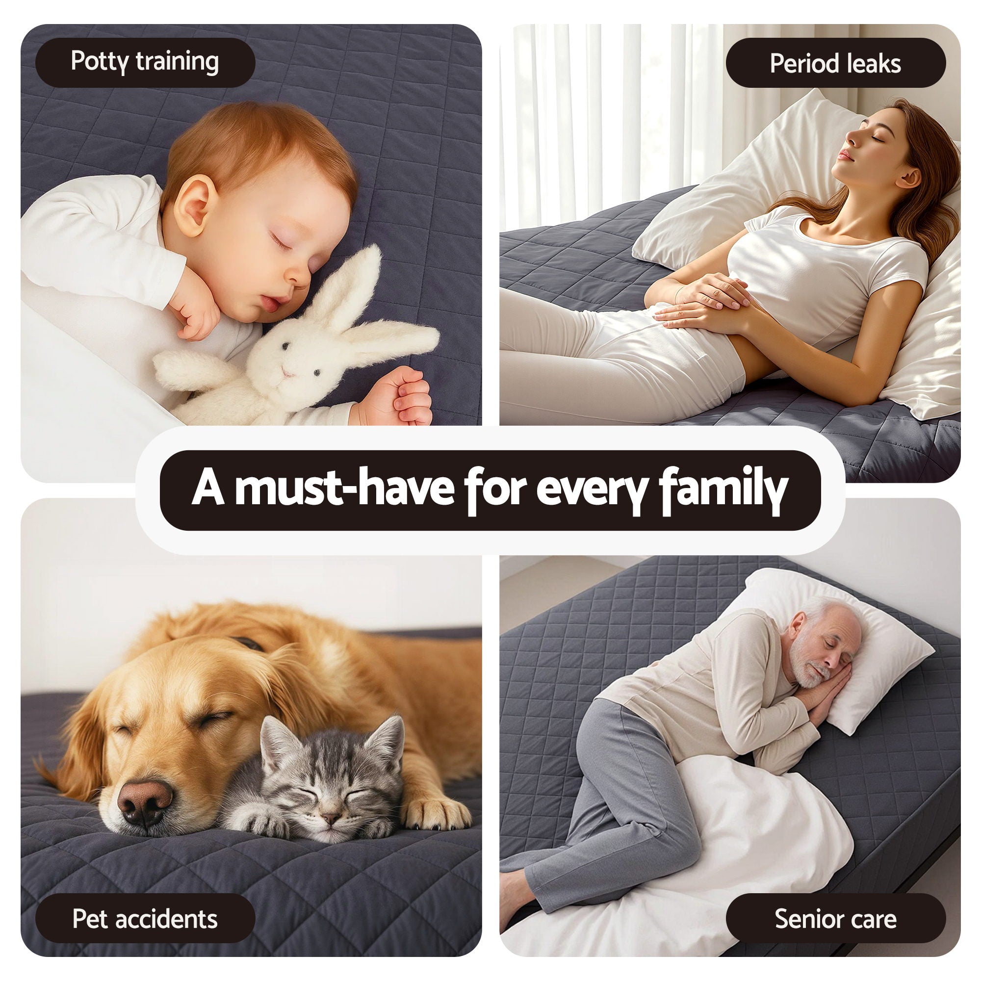 Water-Resistant Mattress Protector Microfiber 35cm 360° Fit Single shown protecting bed from pets, seniors, babies, and period leaks