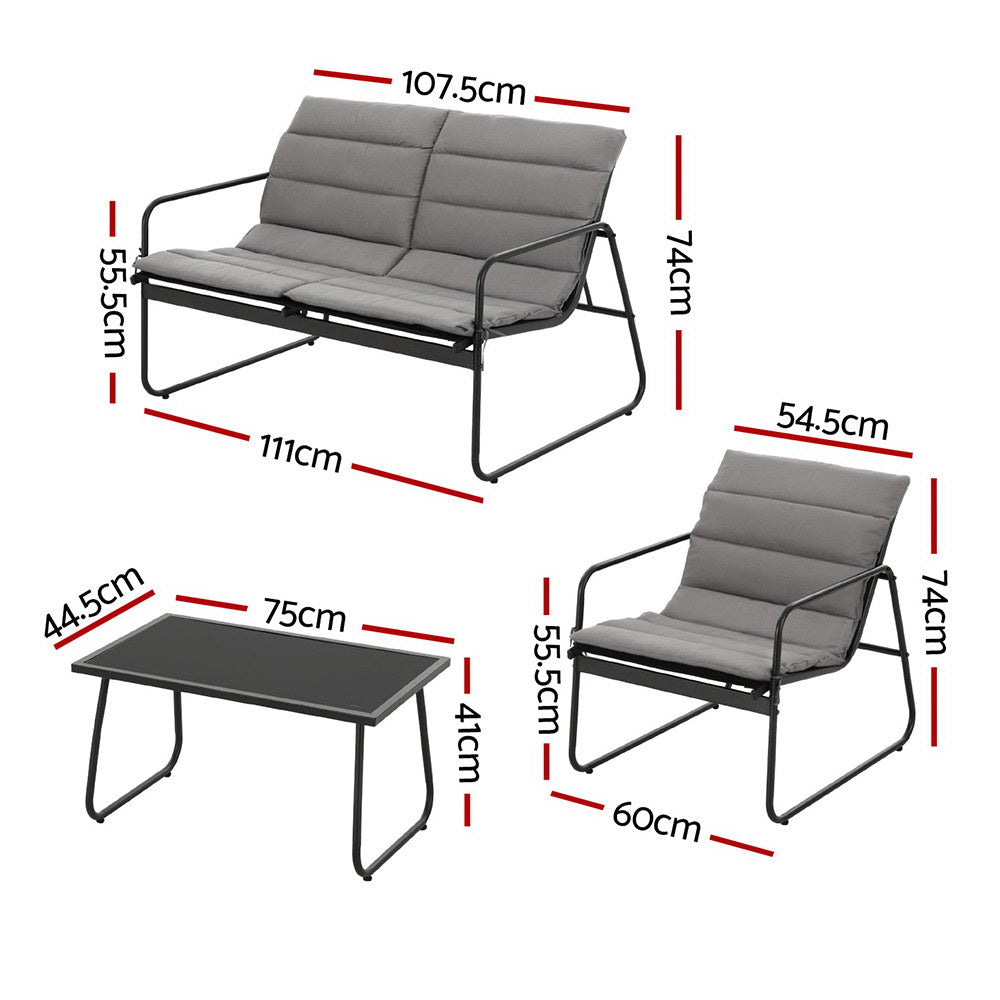 4-Piece Outdoor Lounge Set – Black Steel Frame with Glass Table