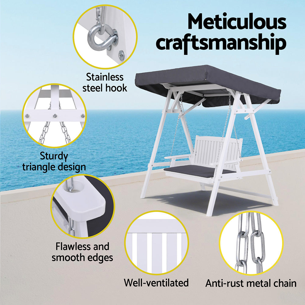 Outdoor Wooden Swing Chair Garden Bench Canopy Cushion 3 Seater White