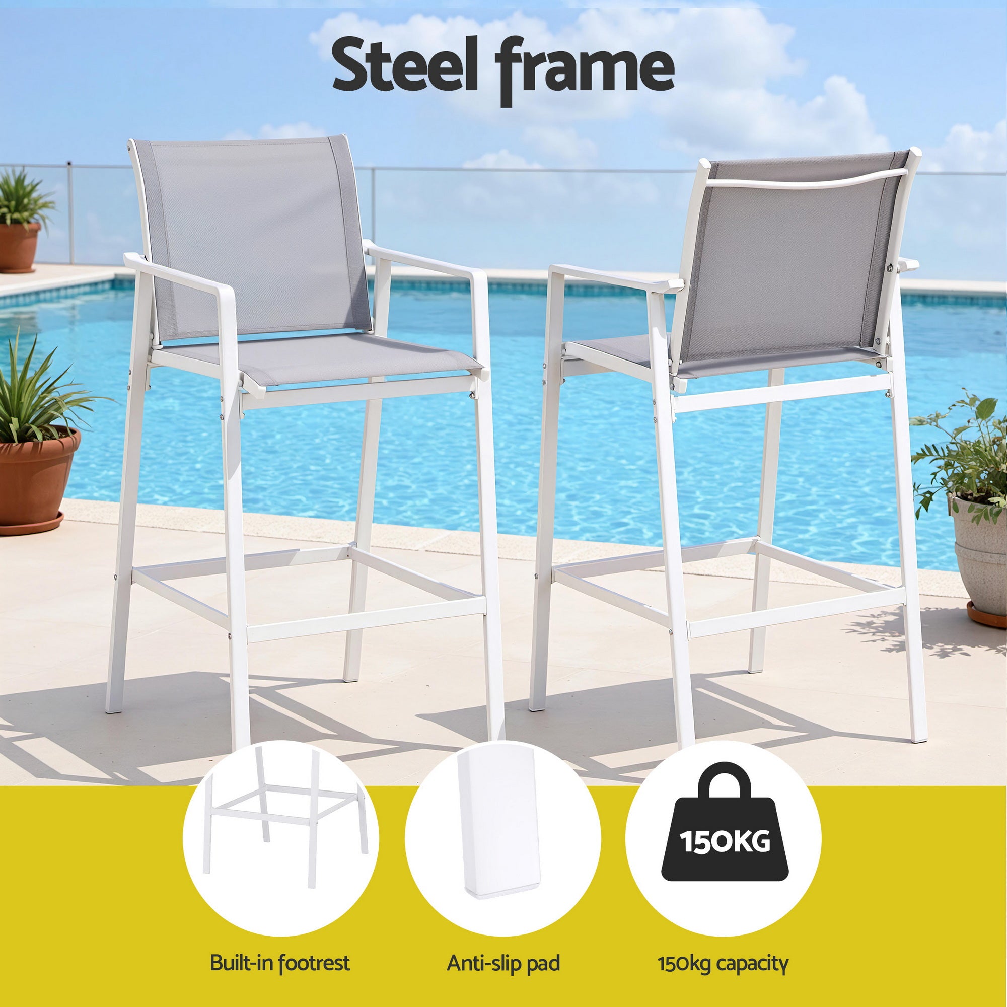 2PC Outdoor Steel Bar Stools with Textilene Seats for Patio and Garden - White