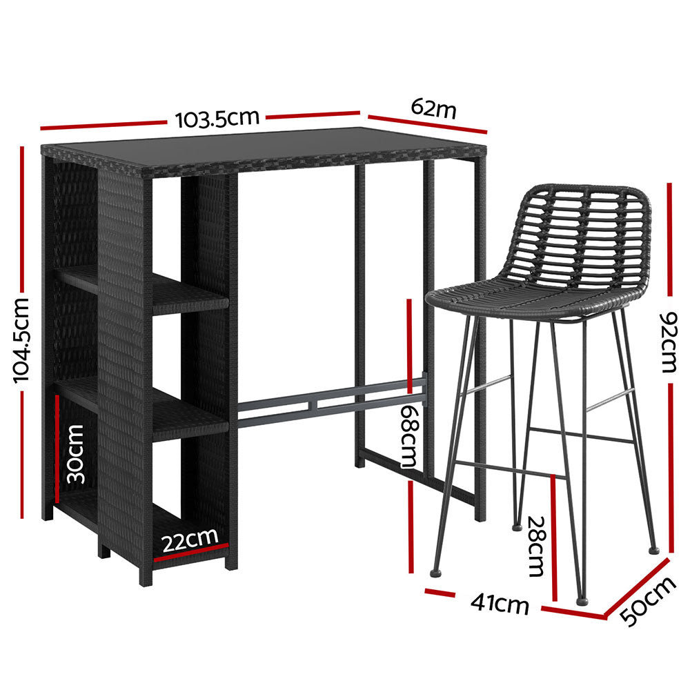Outdoor Bar Set – Wicker Table & 2 Bar Stools, Black, Weather-Resistant