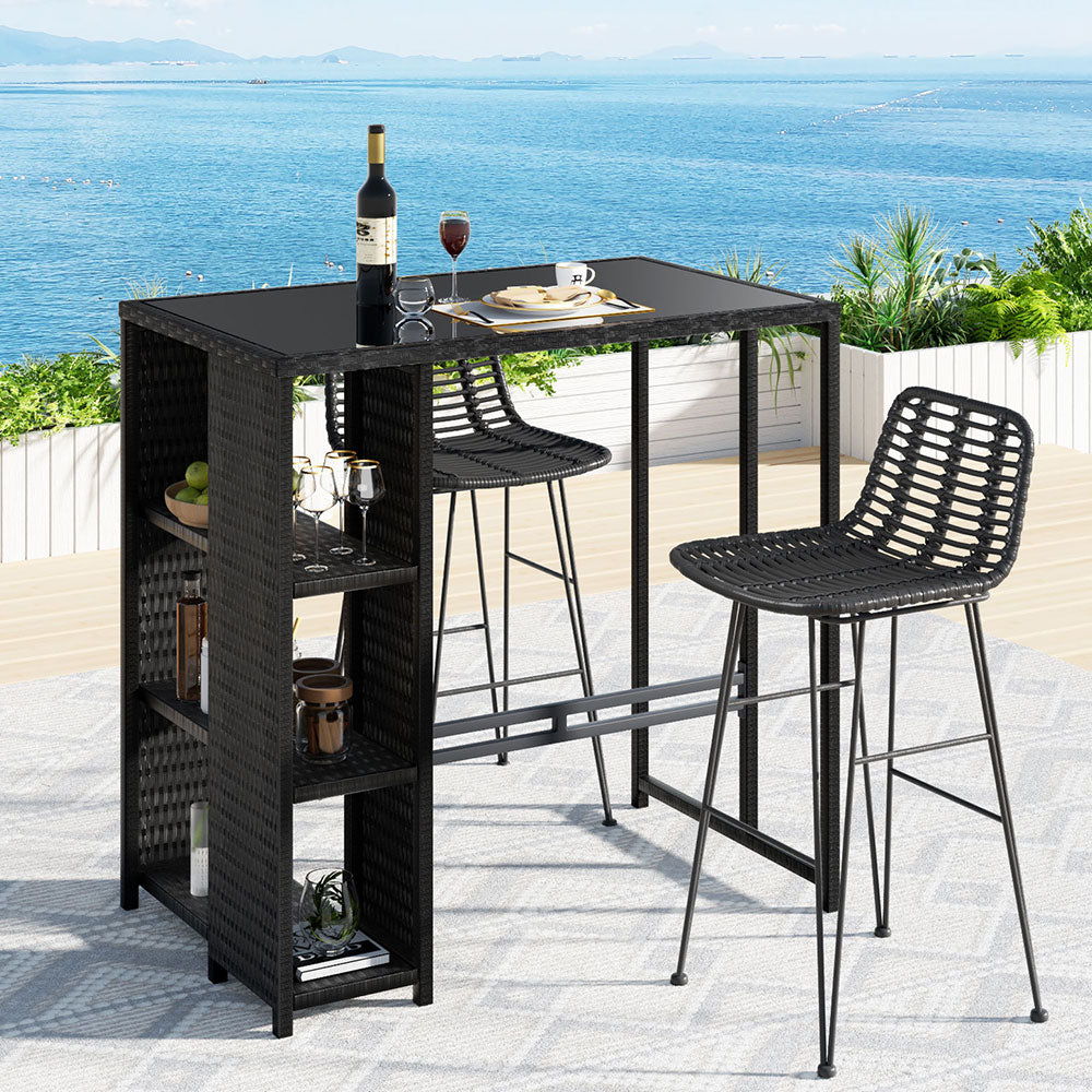 Outdoor Bar Set – Wicker Table & 2 Bar Stools, Black, Weather-Resistant