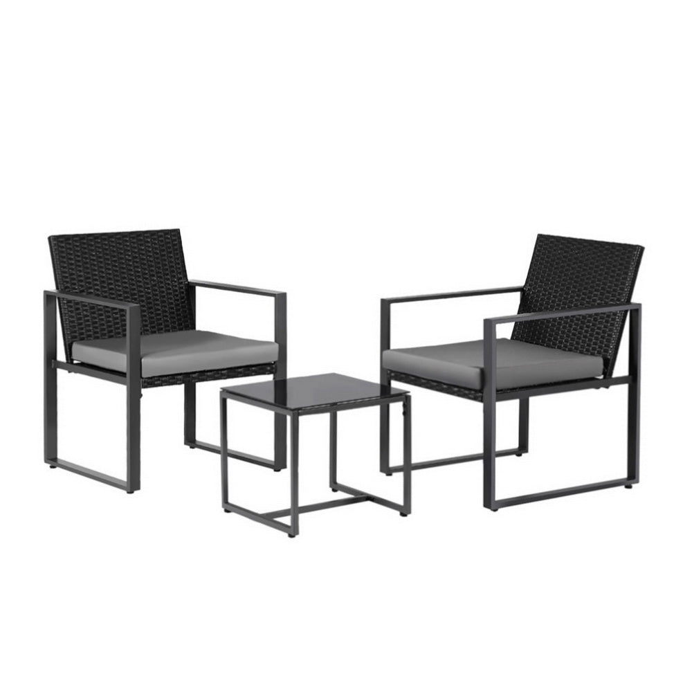3PC Outdoor Bistro Set Patio Furniture Wicker Dining Chairs Table Cushion Black