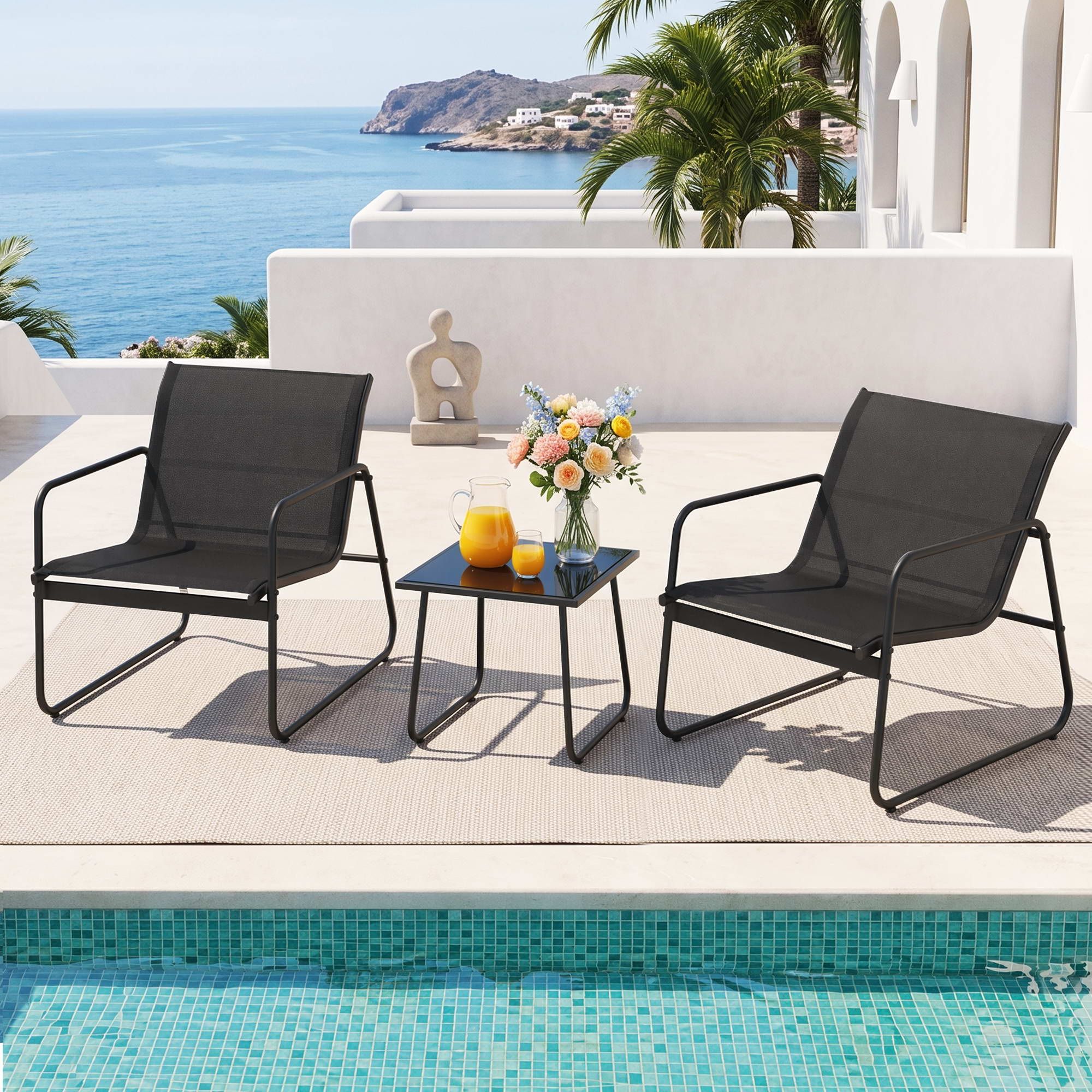 3 Piece Outdoor Bistro Set with Textilene Chairs and Glass Table - Black