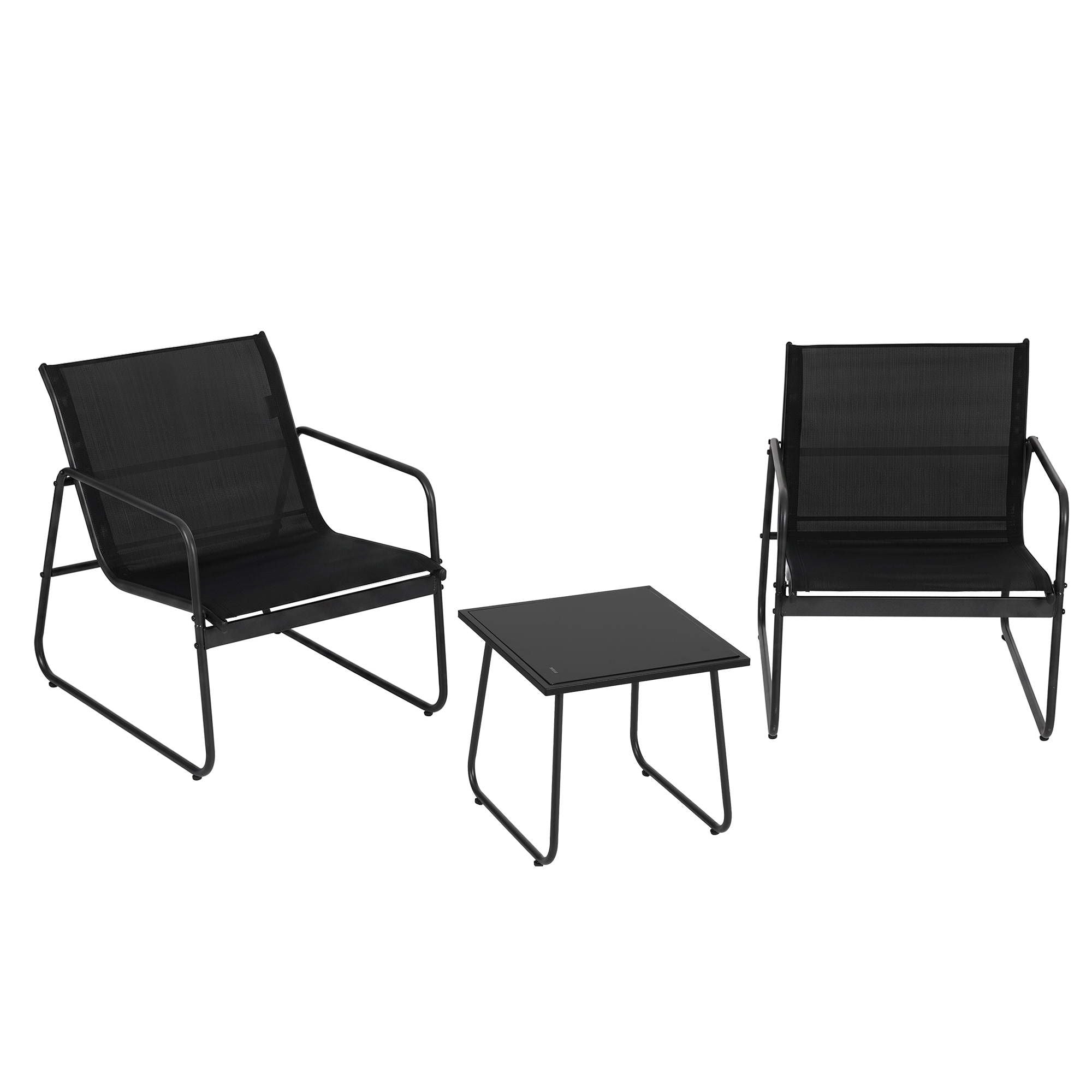 3 Piece Outdoor Bistro Set with Textilene Chairs and Glass Table - Black