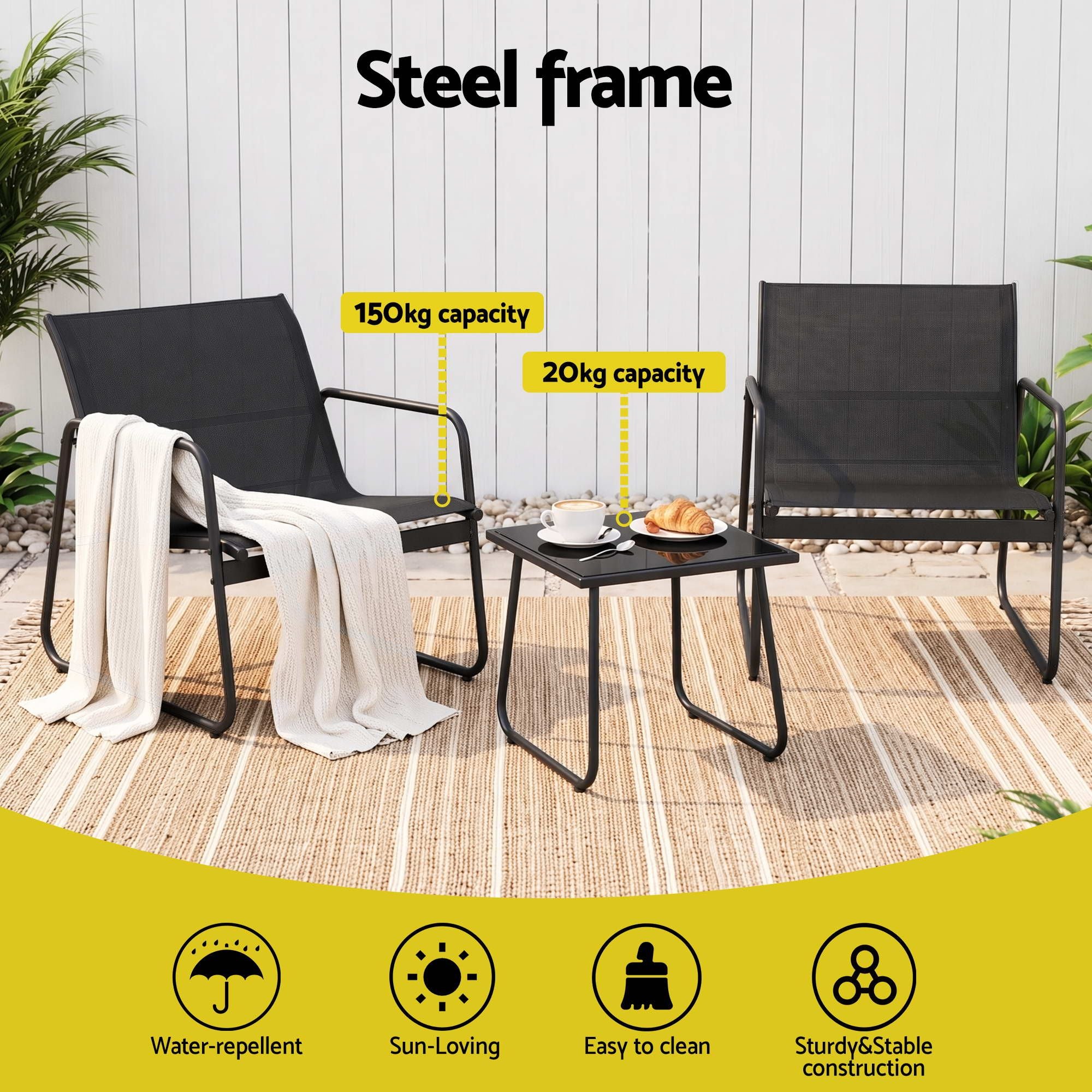 3 Piece Outdoor Bistro Set with Textilene Chairs and Glass Table - Black
