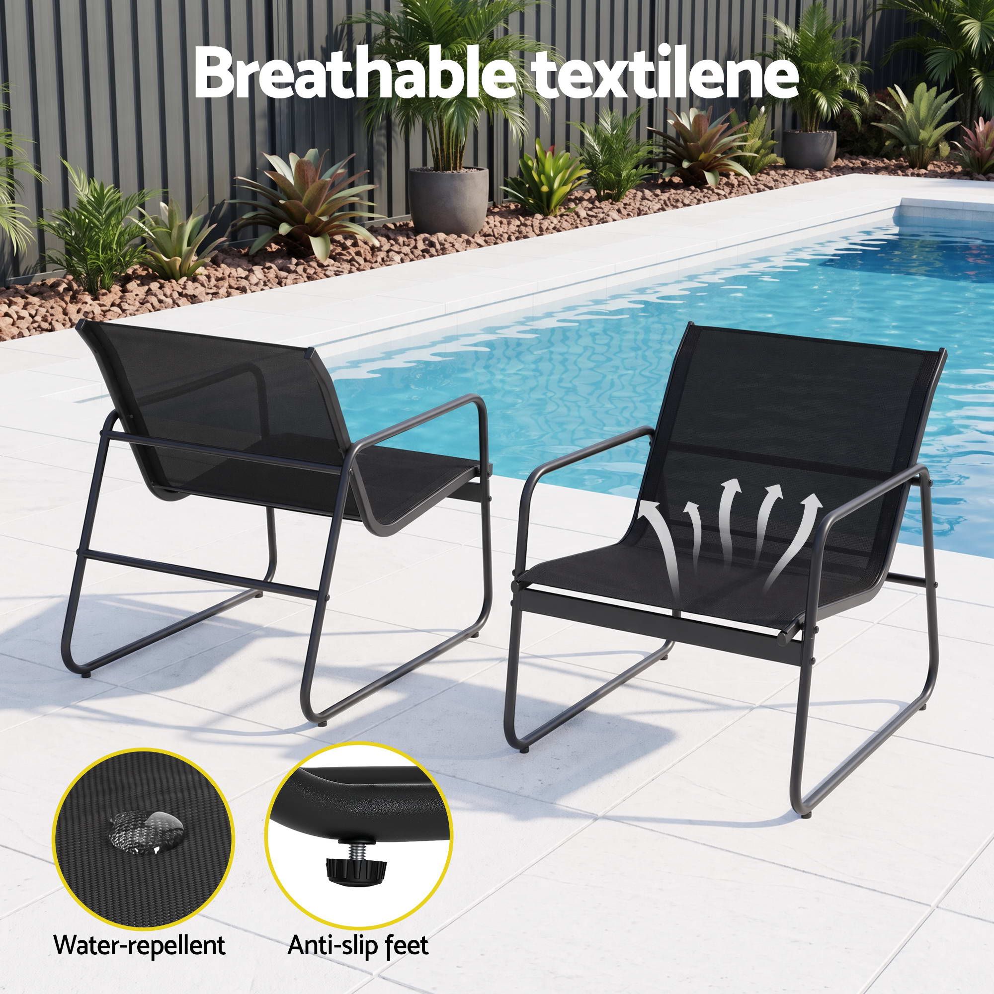 3 Piece Outdoor Bistro Set with Textilene Chairs and Glass Table - Black