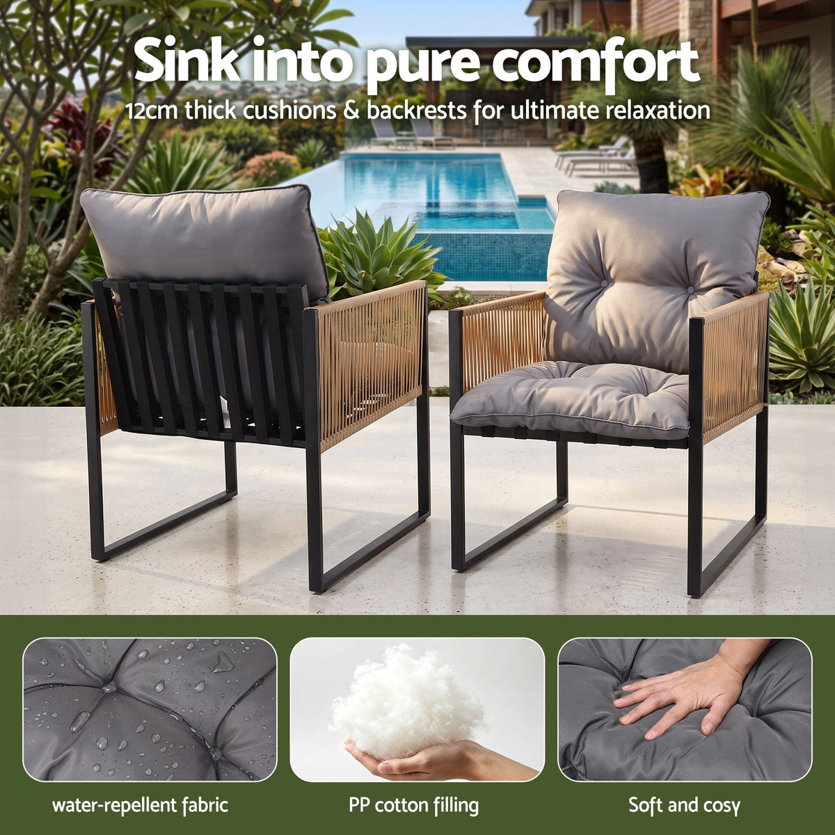 2PC Outdoor Dining Chairs with Cushions Wicker Patio Armchairs