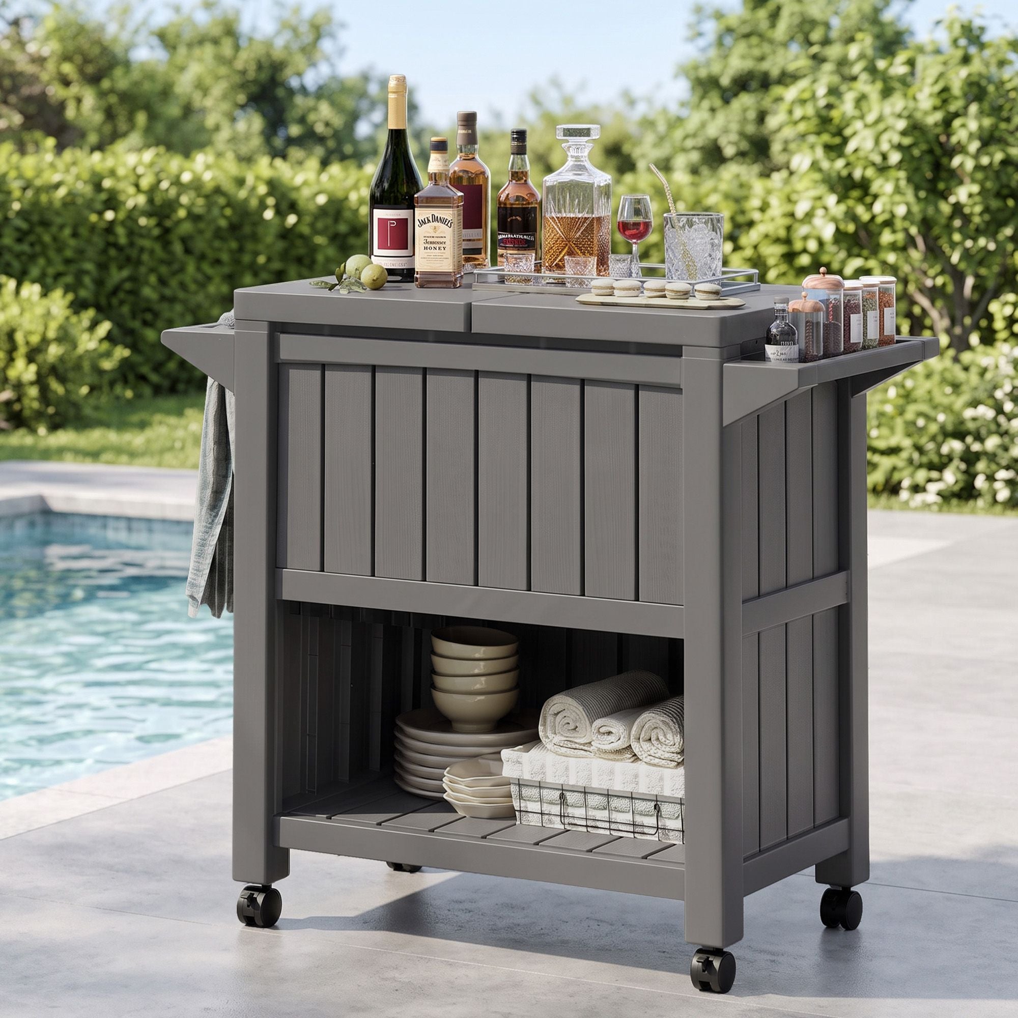 Outdoor 3-in-1 Serving Cart with 80L Ice Bucket Cooler and Rolling Storage Cabinet - Brown