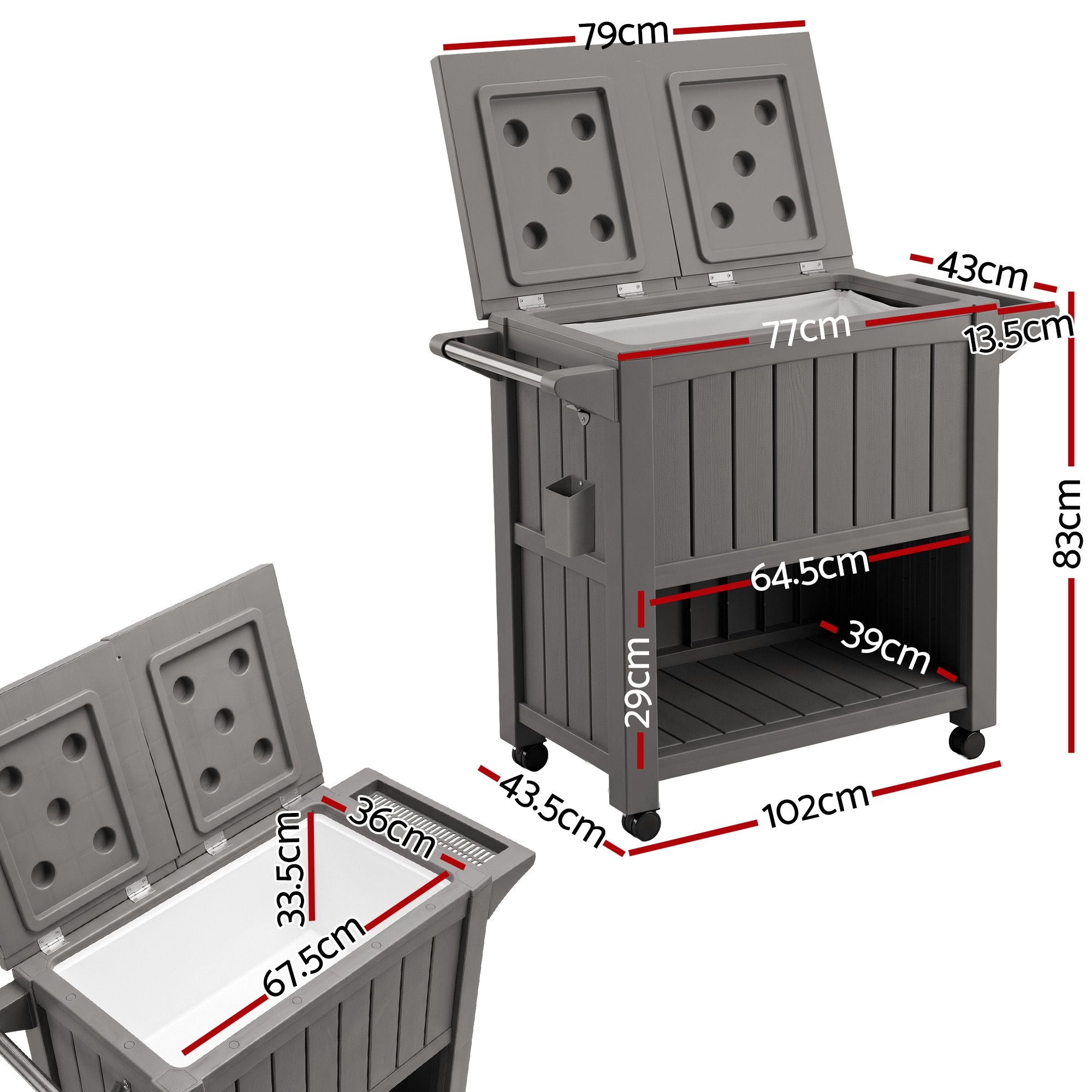 Outdoor 3-in-1 Serving Cart with 80L Ice Bucket Cooler and Rolling Storage Cabinet - Brown