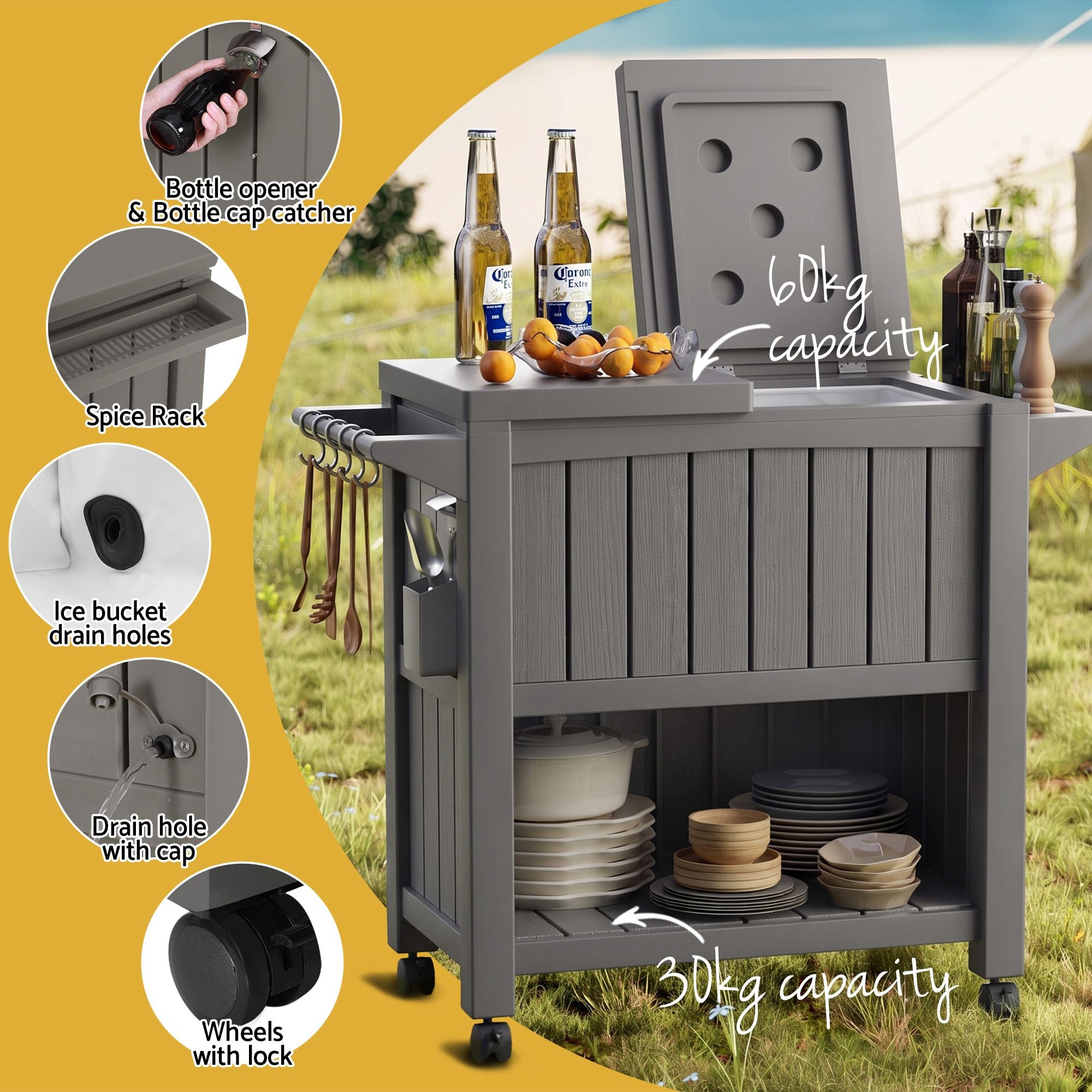 Outdoor 3-in-1 Serving Cart with 80L Ice Bucket Cooler and Rolling Storage Cabinet - Brown