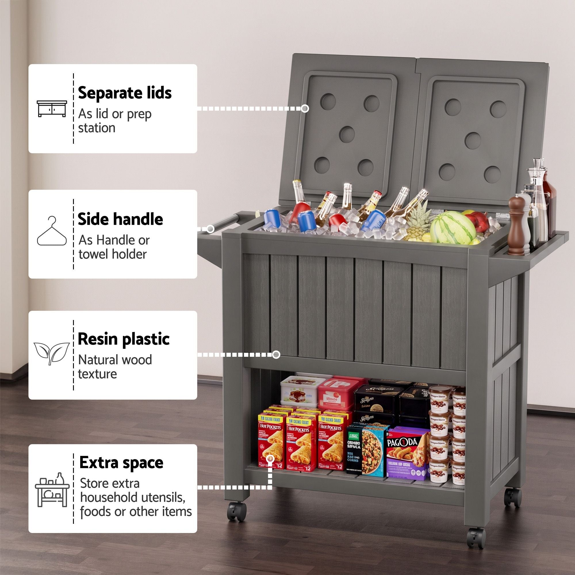 Outdoor 3-in-1 Serving Cart with 80L Ice Bucket Cooler and Rolling Storage Cabinet - Brown
