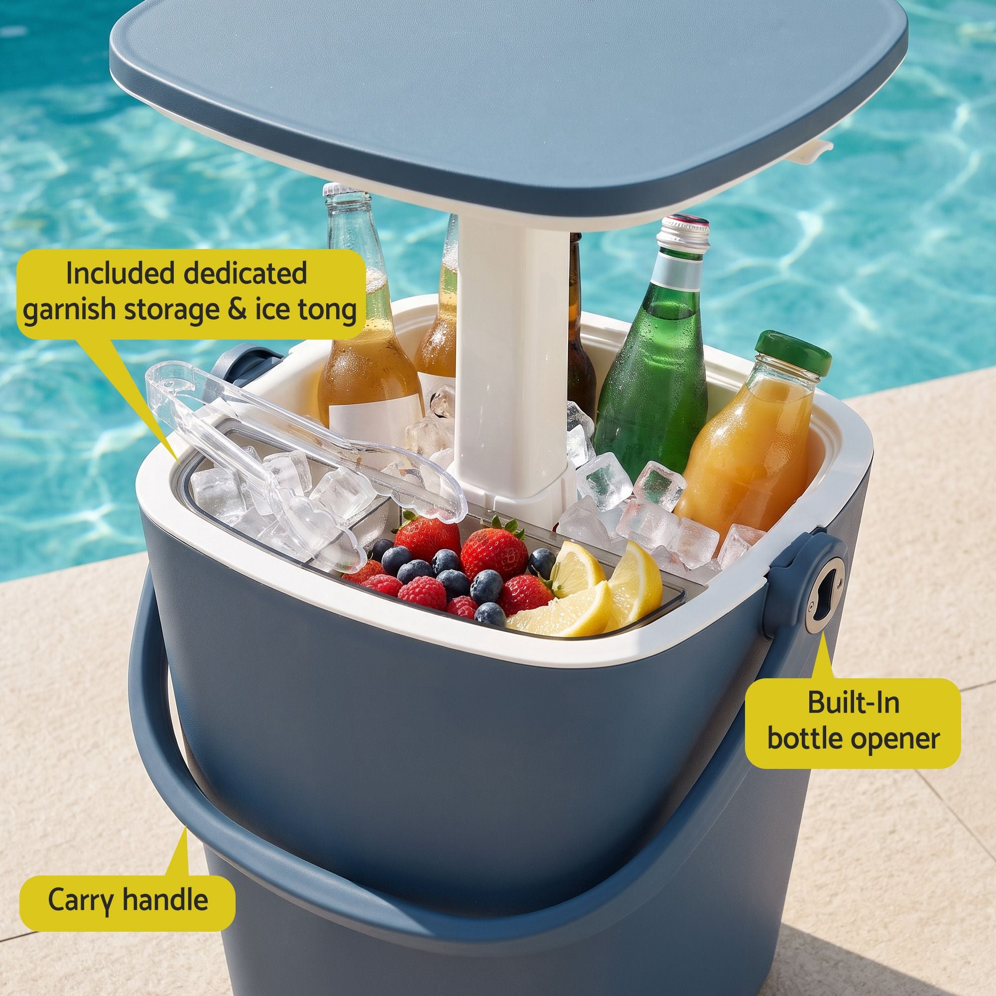2-in-1 Portable Outdoor Bar Table with 15L Ice Bucket Cooler and Tongs - Blue