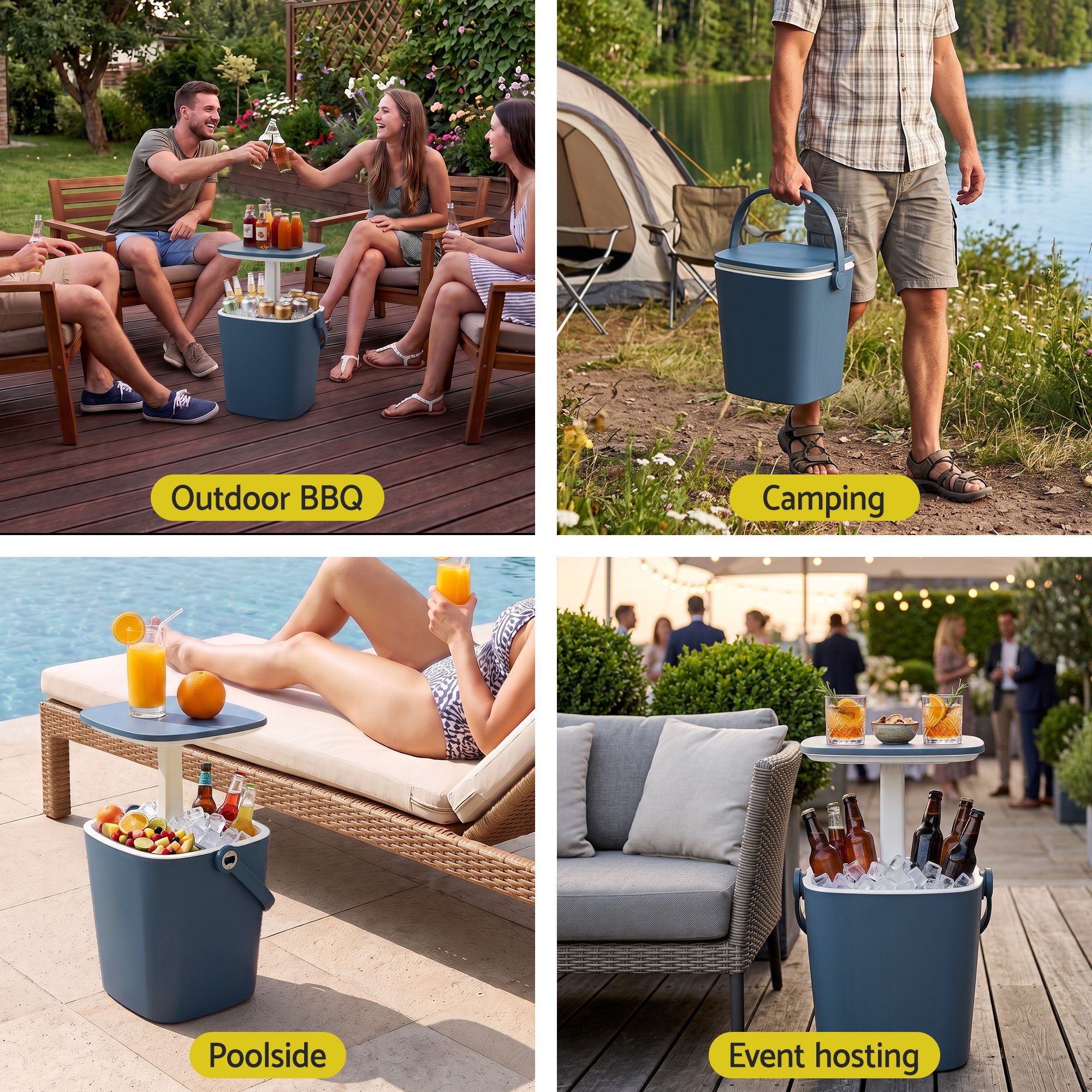 2-in-1 Portable Outdoor Bar Table with 15L Ice Bucket Cooler and Tongs - Blue