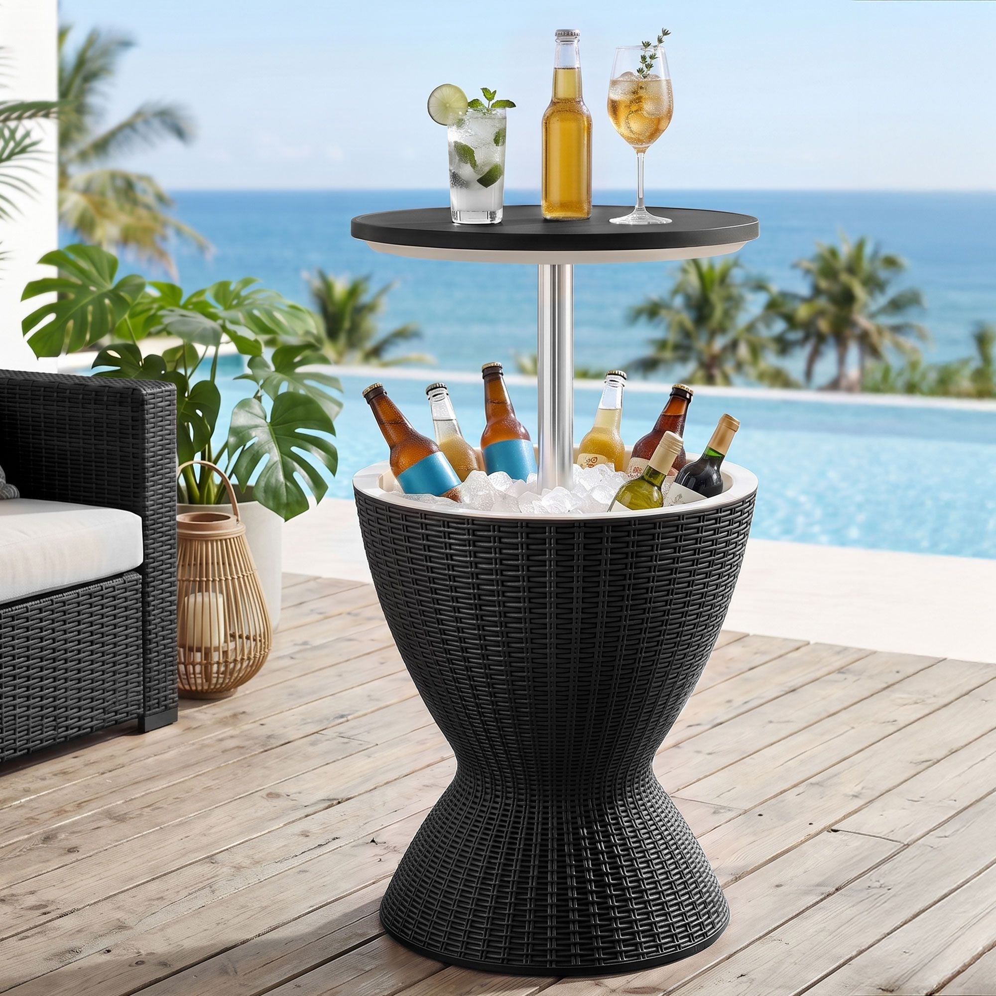 Portable Outdoor Bar Table with 30L Ice Bucket Cooler and Adjustable Top - Black