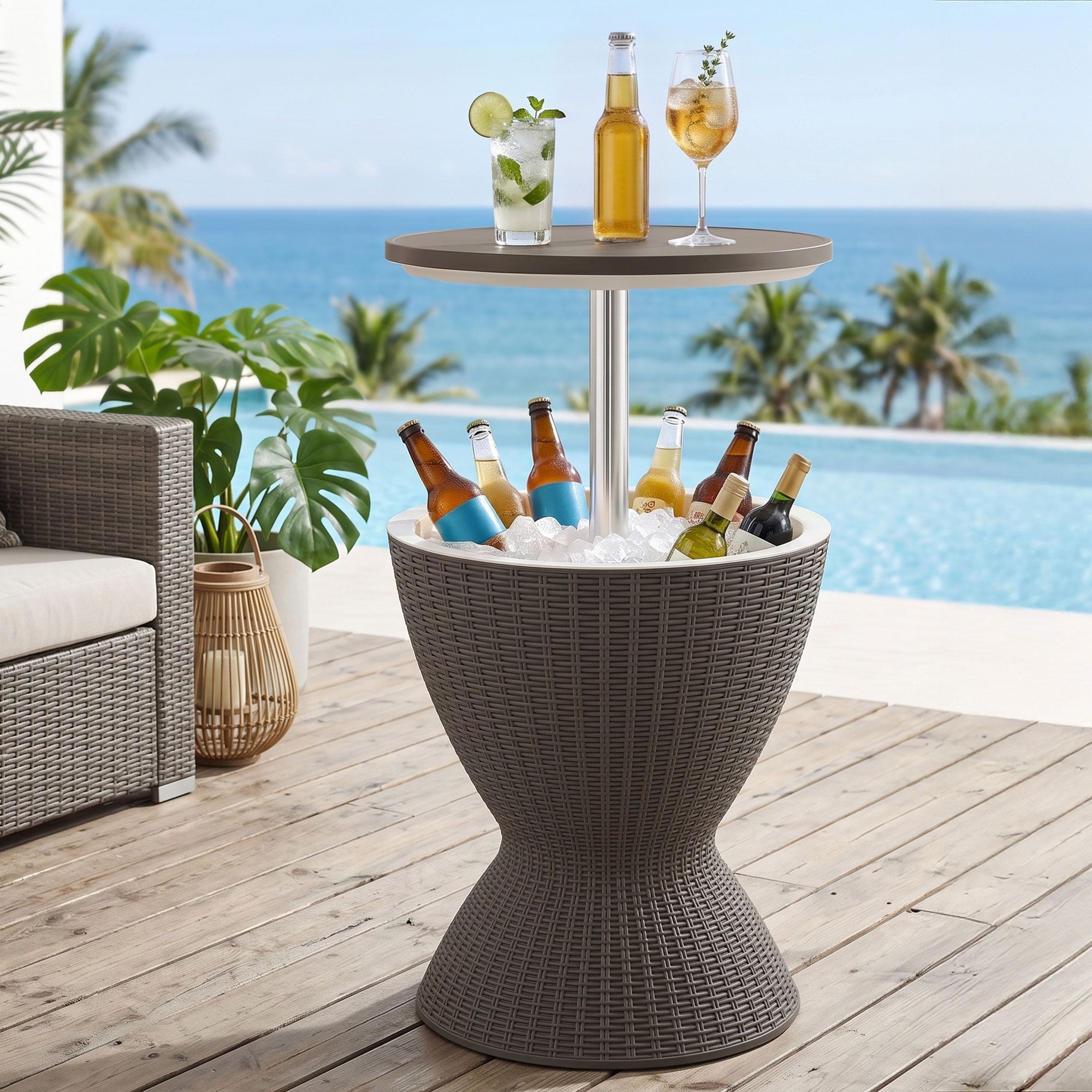 Portable Outdoor Bar Table with 30L Ice Bucket Cooler and Adjustable Top - Brown