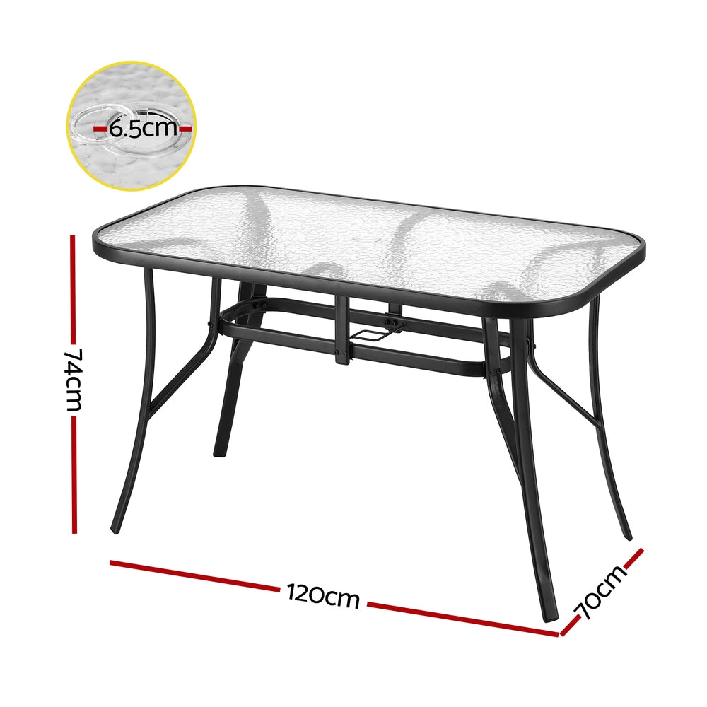 120cm Outdoor Dining Table With Glass Top and Parasol Hole – Black